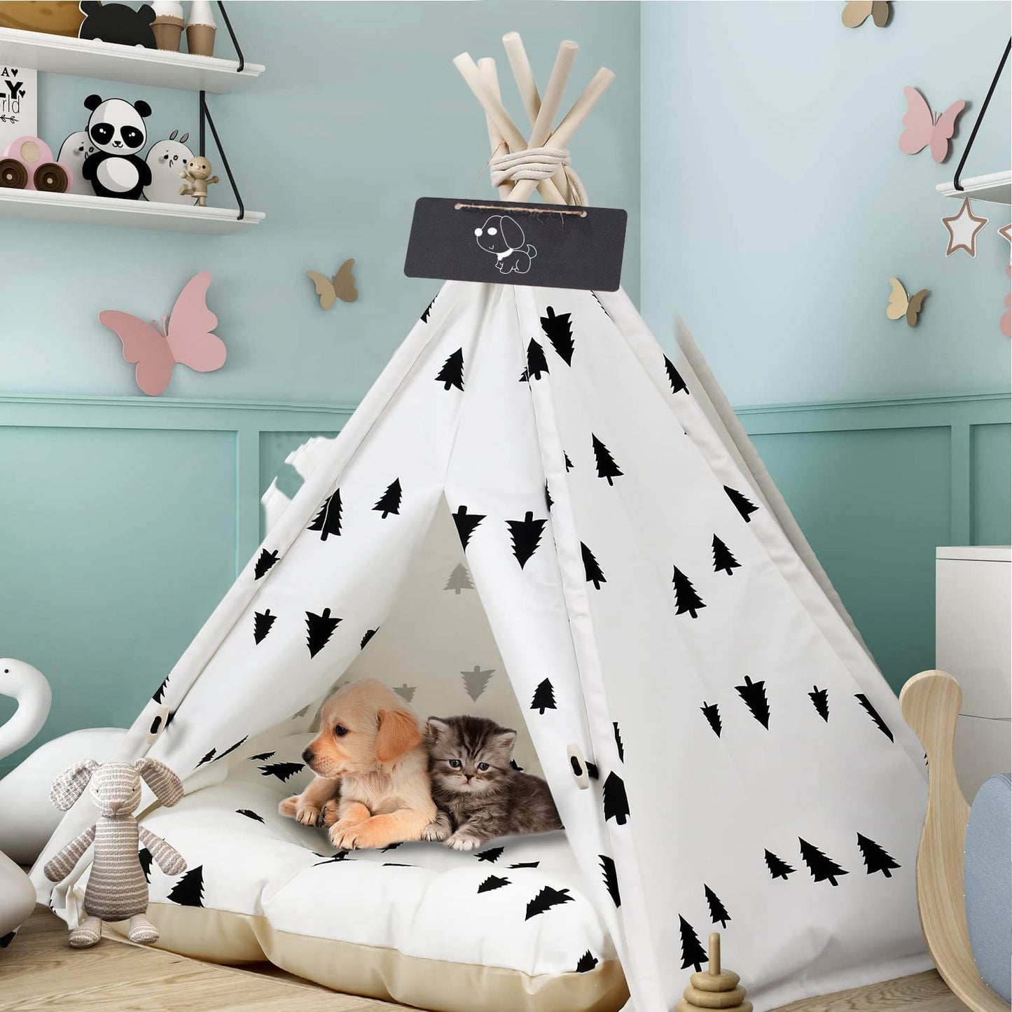 Pet Teepee for Dogs/Puppy and Cats with Thick Cushion Portable 24in Pet Tent with Blackboard Pet Houses Bed for Small Puppy Dog Indoor Outdoor