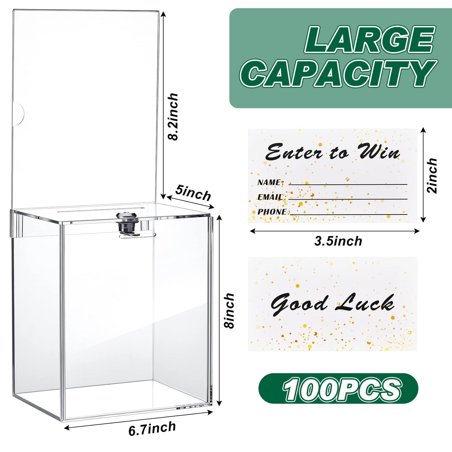 Teling Tall Acrylic Donation Box with Lock and Sign Plate Safe Suggestion Box with 100pcs Raffle Tickets Cards for Raffle, Money, Voting, Charity, Suggestion (Transparent,6.7 x 5 x 8 Inch)