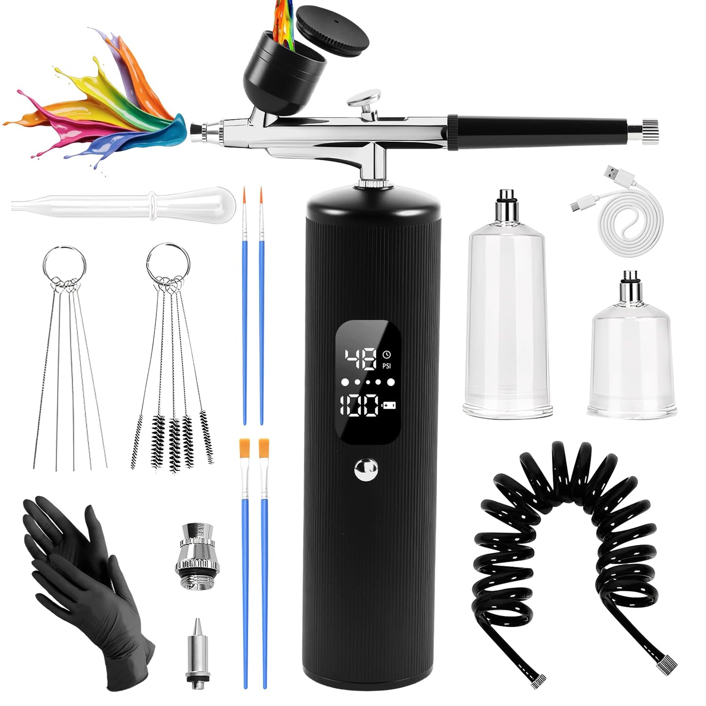 Airbrush Kit with Compressor, 48PSI High Pressure Portable Airbrush, 0.3mm Nozzle Airbrush Gun, 6000 mAh Airbrush Compressor, Airbrush Sets for Nail Art, Painting, Cake Decor, Makeup, Modeling