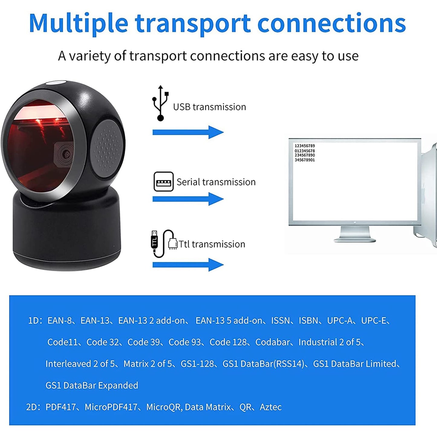 2D QR Barcode Scanner Omnidirectional Hands-Free Automatic Barcode Reader for Mobile Payment Computer Screen ScanMeters