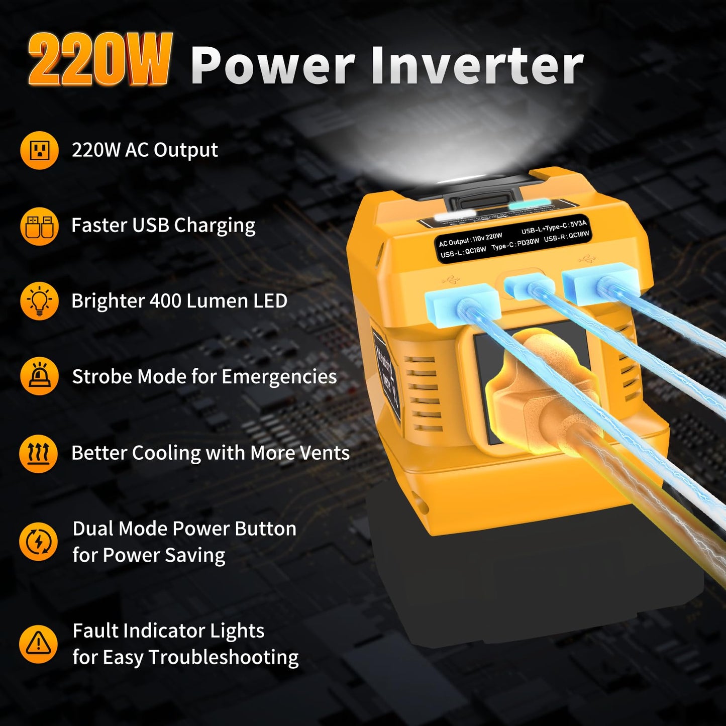 Kzreect 220W Power Inverter Compatible with Dewalt 20V Batteries (Battery Not Included) DC to 110V AC, 400 Lumen