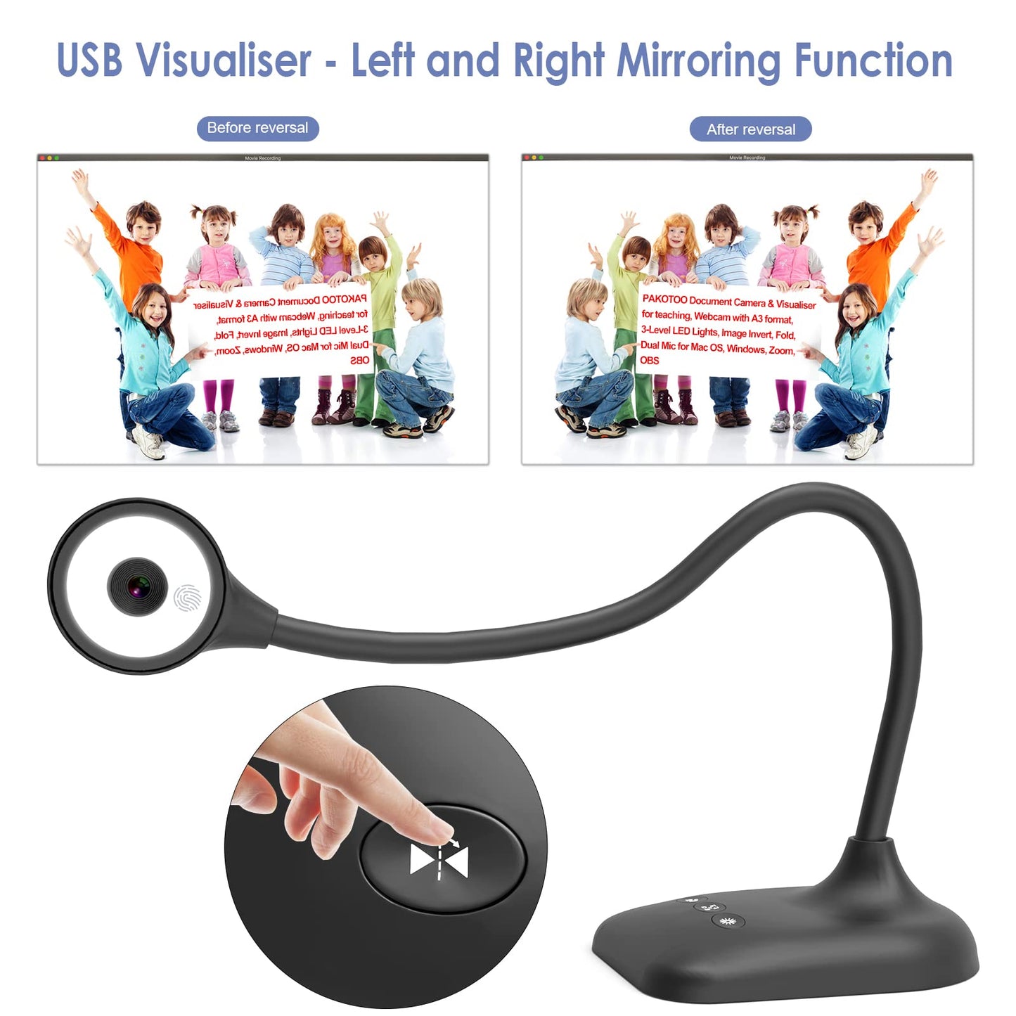 PAKOTOO USB Document Camera, Doc Camera for Teachers, Webcam for Classroom with A3 Format, 3-Level LED Lights, Image Invert, Fold, Dual Mic for Mac OS, Windows, Zoom, OBS Work with Distance Learning
