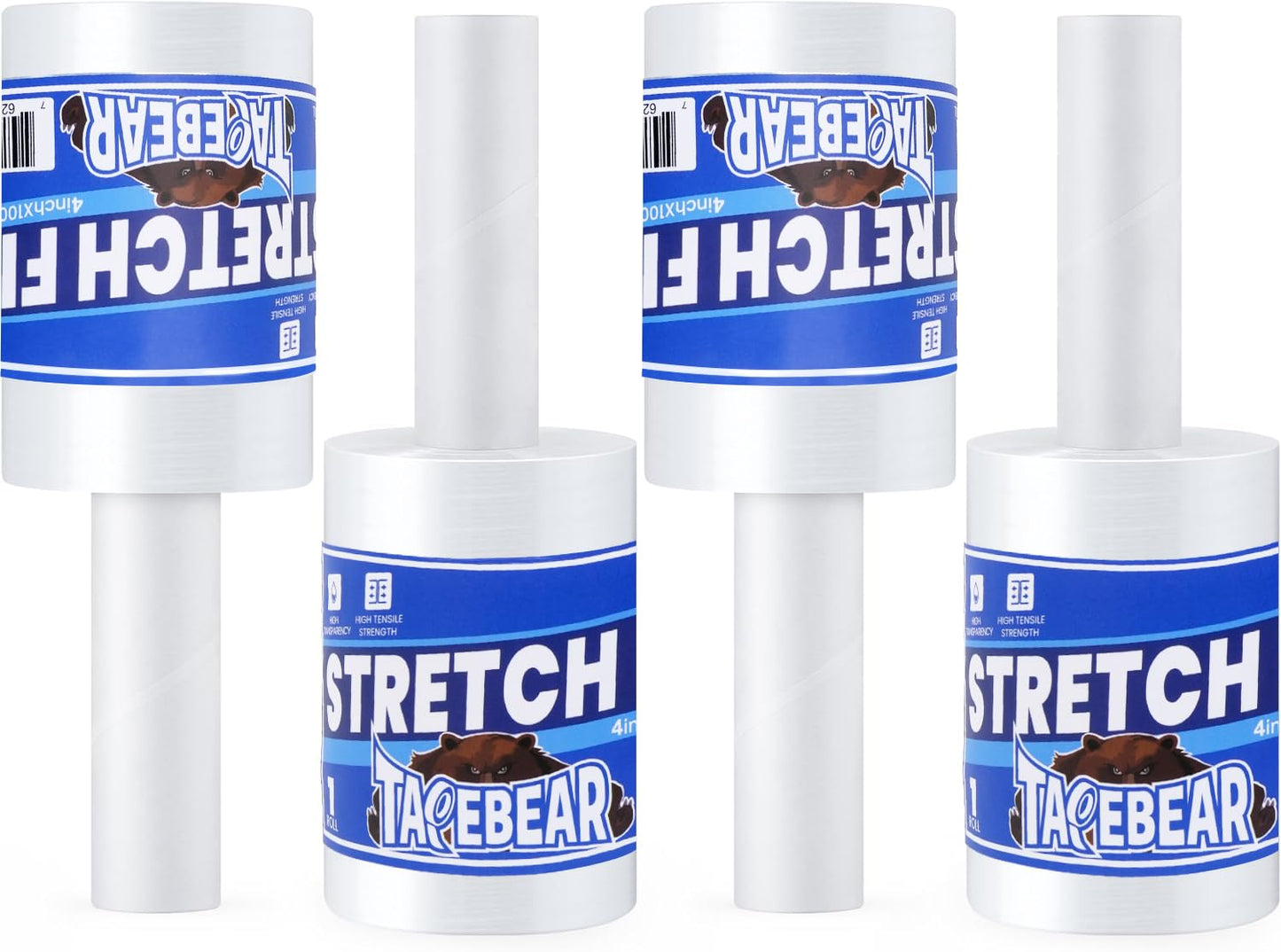 TAPEBEAR Stretch Wrap Film 4" x 1000Ft Shrink Wrap Roll with Handle, 60 Gauge Thick Durable Self-Adhering Clear Plastic Wrap Industrial Strength Pallet Shrink for Moving, Packing,4Rolls