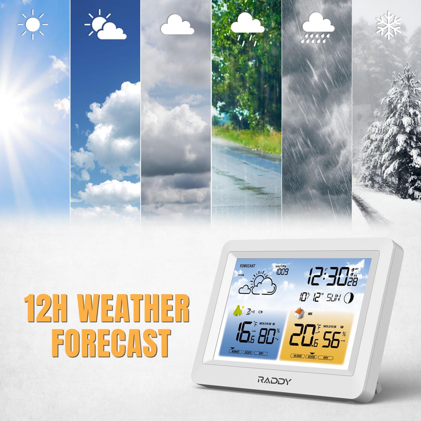Raddy WM6 Weather Station Wireless Indoor Outdoor Thermometer Hygrometer Barometer w/Built-in 2000mAh Battery, Atomic Clock, Weather Forecast, Mold Risk Alert, with Remote Sensor for Home