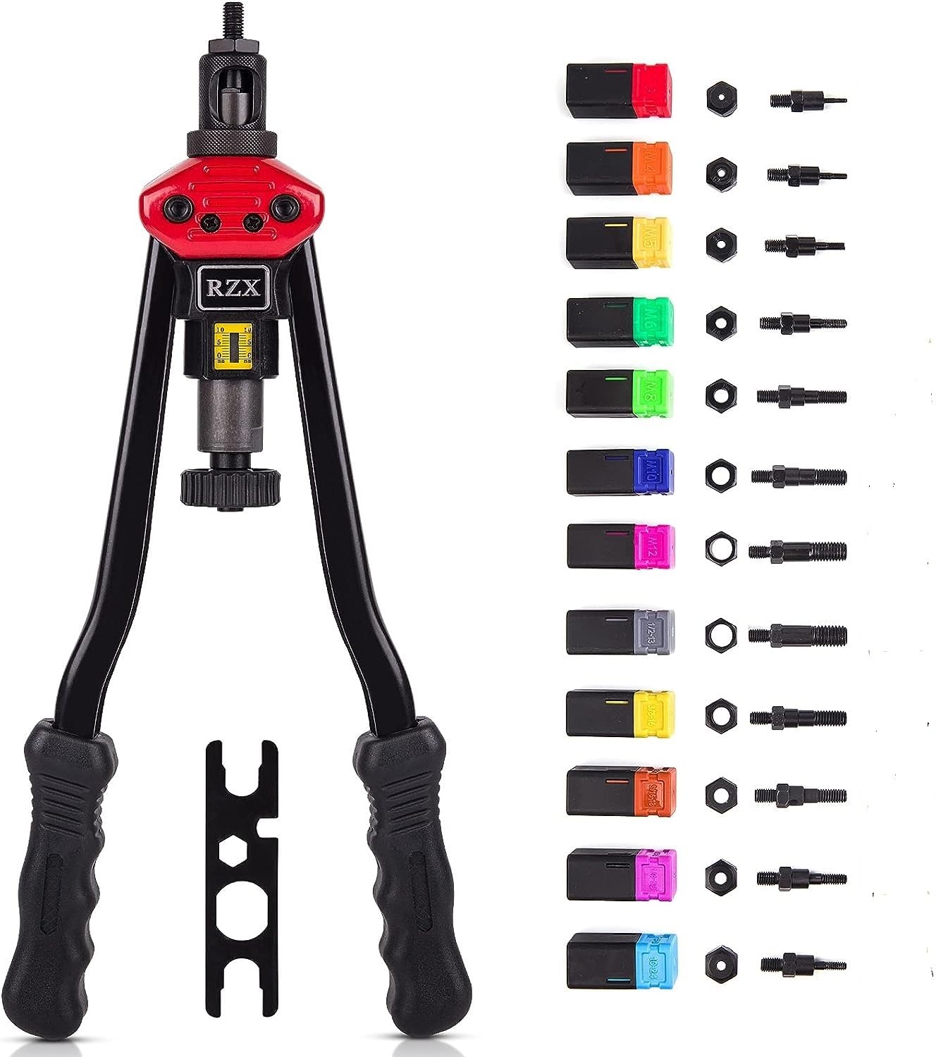 RZX 16" Rivet NUT Tool Hand Blind Riveter,RIVNUT Riveting Tools with Nut Setting System M3 M4 M5,m6,m8,m10 M12, 10-24, 1/4-20, 5/16-18,3/8-16,1/2-13 Totally 12 mandrels