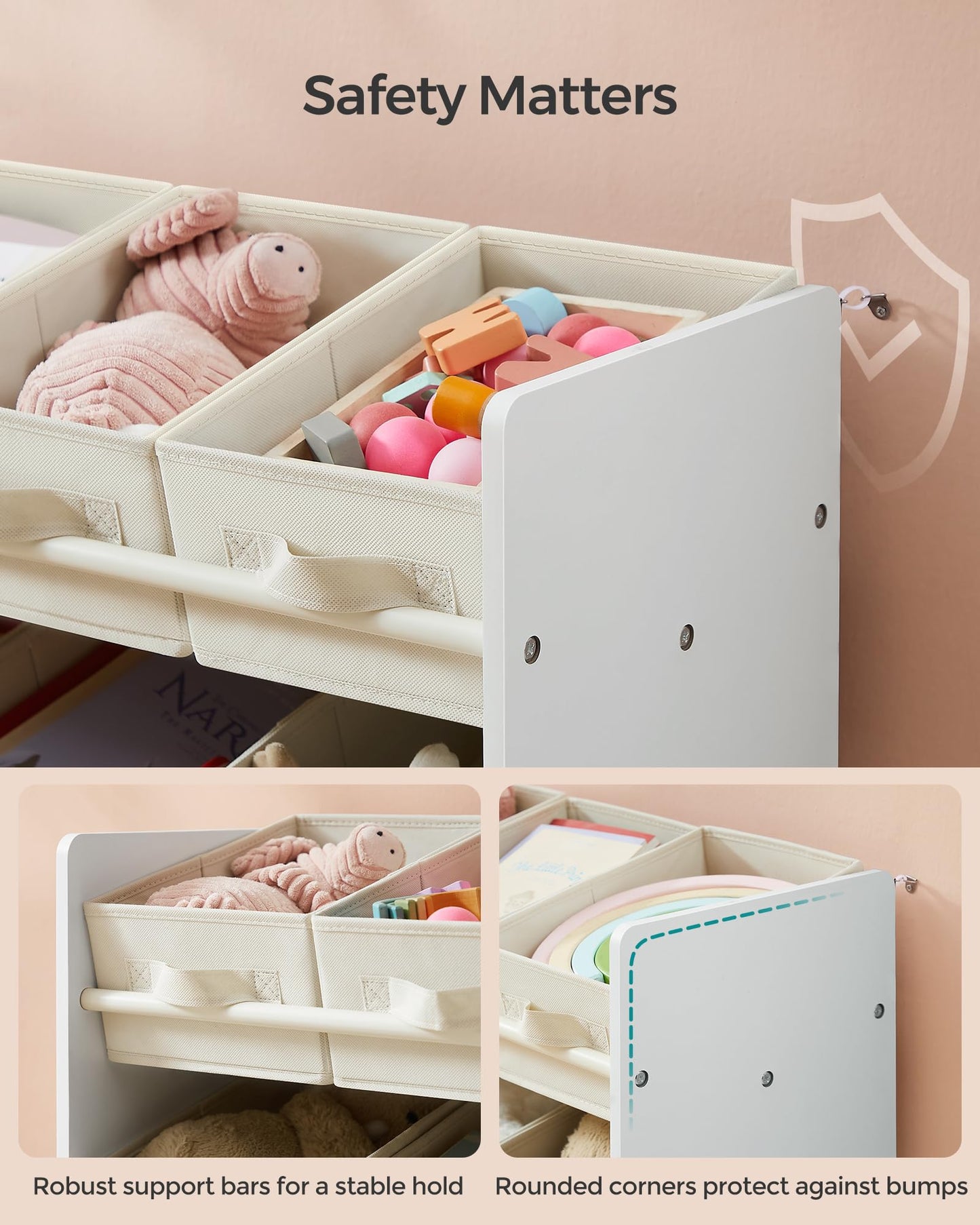 SONGMICS Toy Organizer, Kid Toy Shelf with 9 Non-Woven Fabric Boxes, for Children's Room and Playroom, Spacious, 11.6 x 24.6 x 23.6 Inches, Cloud White UGKR033W10