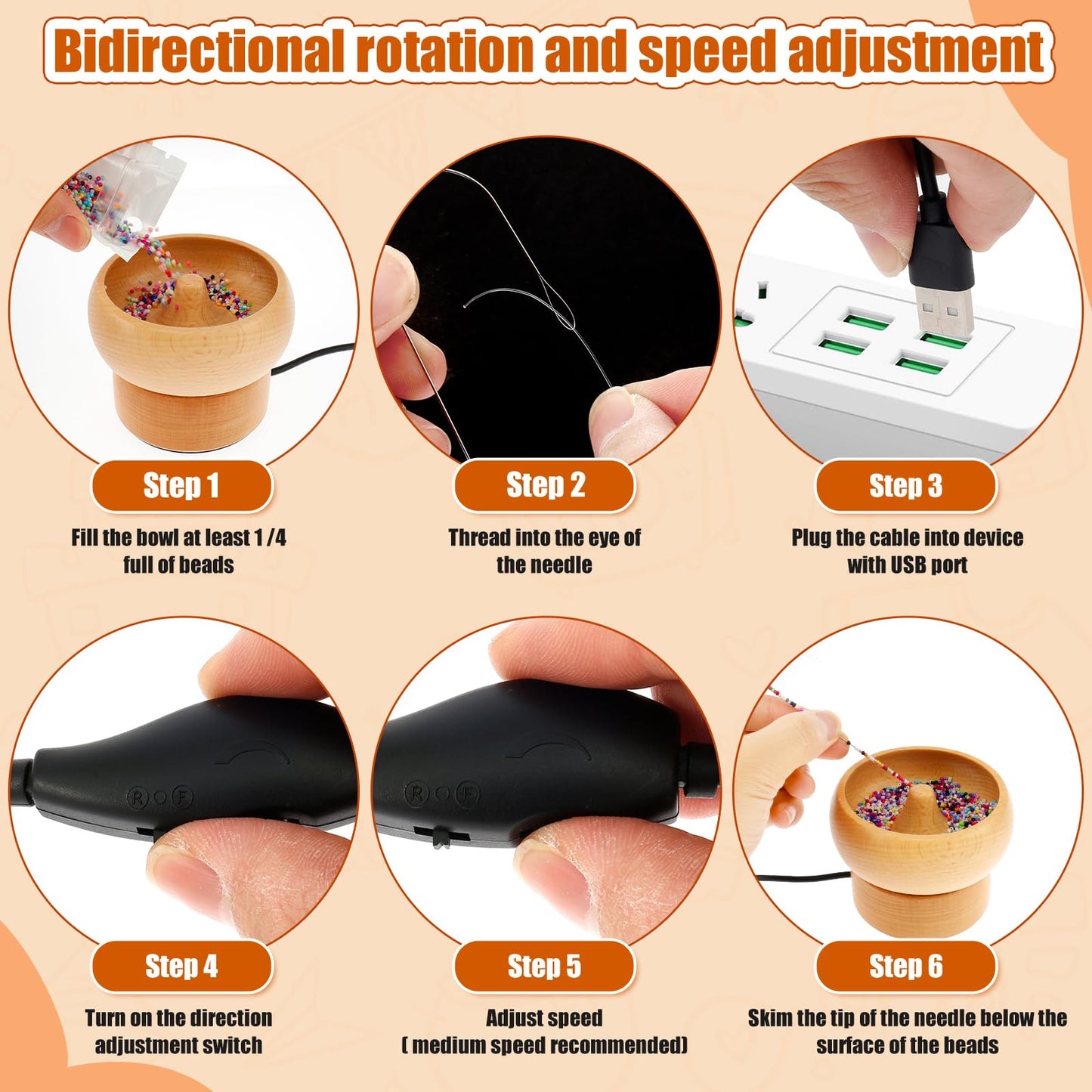 Electric Wooden Bead Spinner, Adjustable Speed and Direction Spin Bead Loader USB Powered Spin Beading Bowl Kit with 2 Beading Needles 2000 Beads for Bracelets Jewelry Making