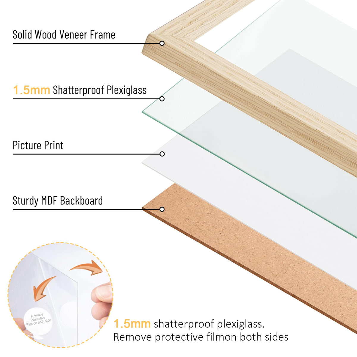 TONES FRAME DESIGN 18x24 Frame Natural Solid Wood Veneer 18 x 24 Poster Frame with Shatterproof Plexiglass, Wall Hanging Modern Wooden Picture Frames 24x18 for Home Office Decor