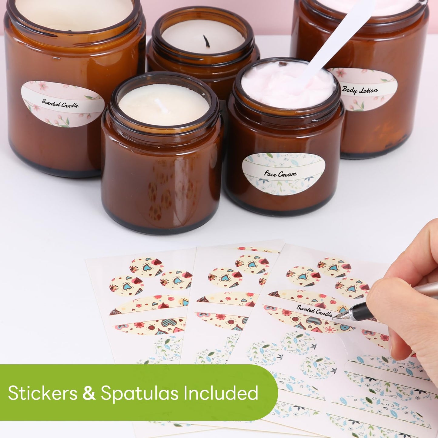 Alotpower 4 oz Amber Glass Jars 24-Pack With Spatulas & Floral Labels, Round Empty Jars With Lids for Scrubs, Lotions, Cosmetics, Candles (Set of 24)