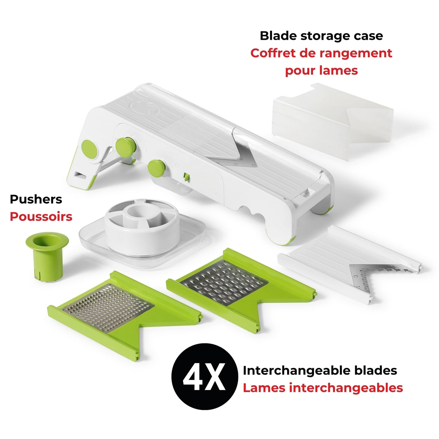 Starfrit Cubing Pro Mandoline Slicer, Dicer - 4 Blades & Graters with Storage Box - Straight & Crinkle V-Blades, Fine & Coarse Graters - 10 Thickness Settings, 3 Julienne Sizes