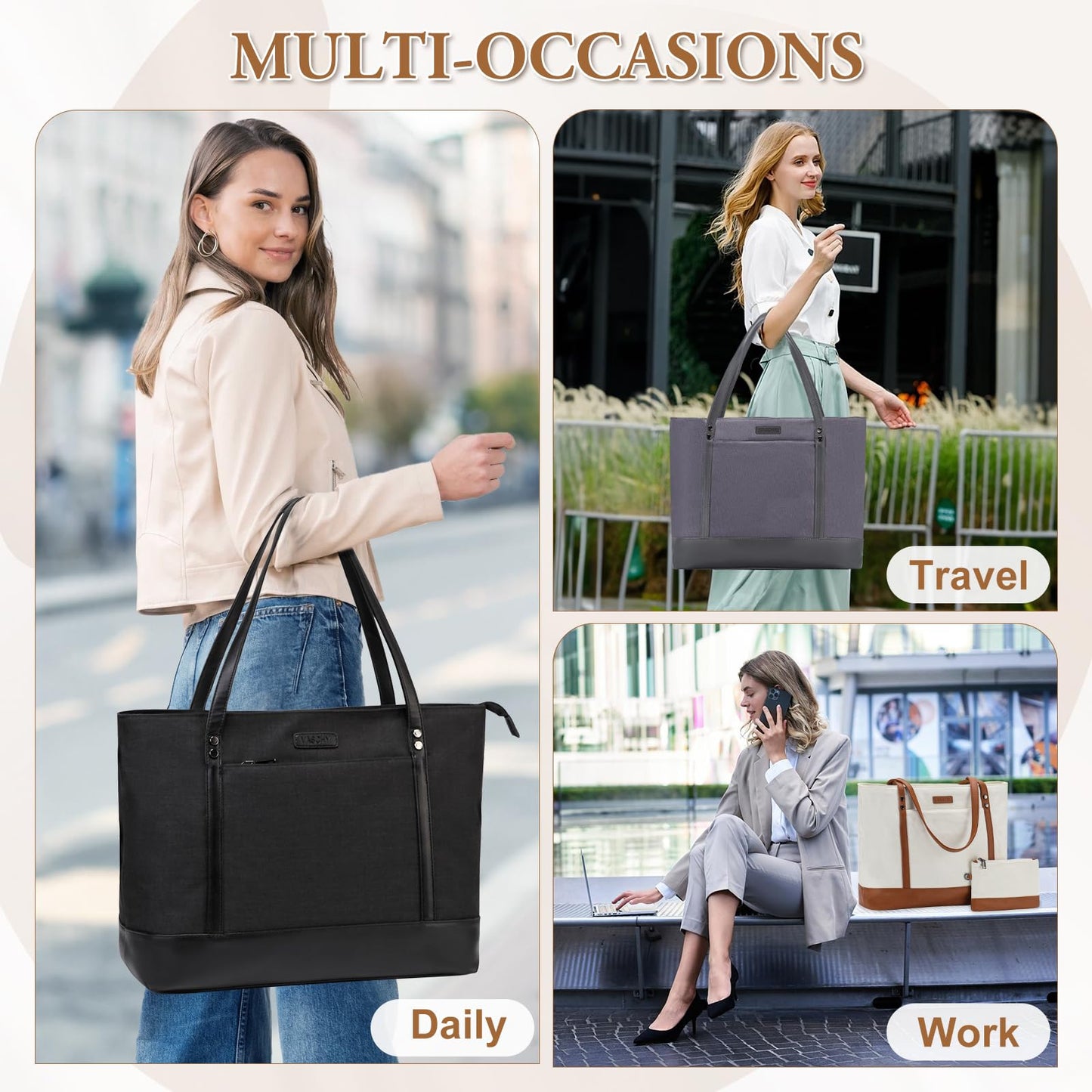 Laptop Tote Bag for Women, Vaschy 15.6 inch Large Work Tote Water Resistant Office Computer Bag Professional Women Handbag Shoulder Bag for Business Travel Teacher College Black