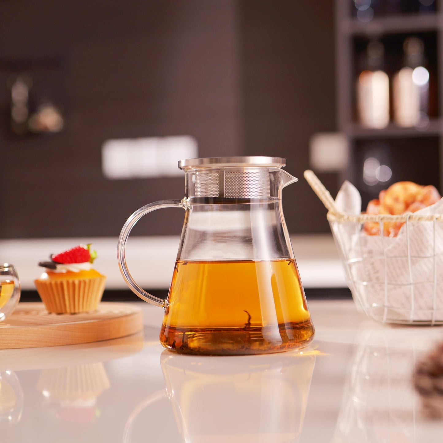 CNGLASS 30.5oz/900ml Glass Teapot Stovetop Safe,One-Touch Clear Tea Kettle,Blooming and Loose Leaf Tea Maker Set