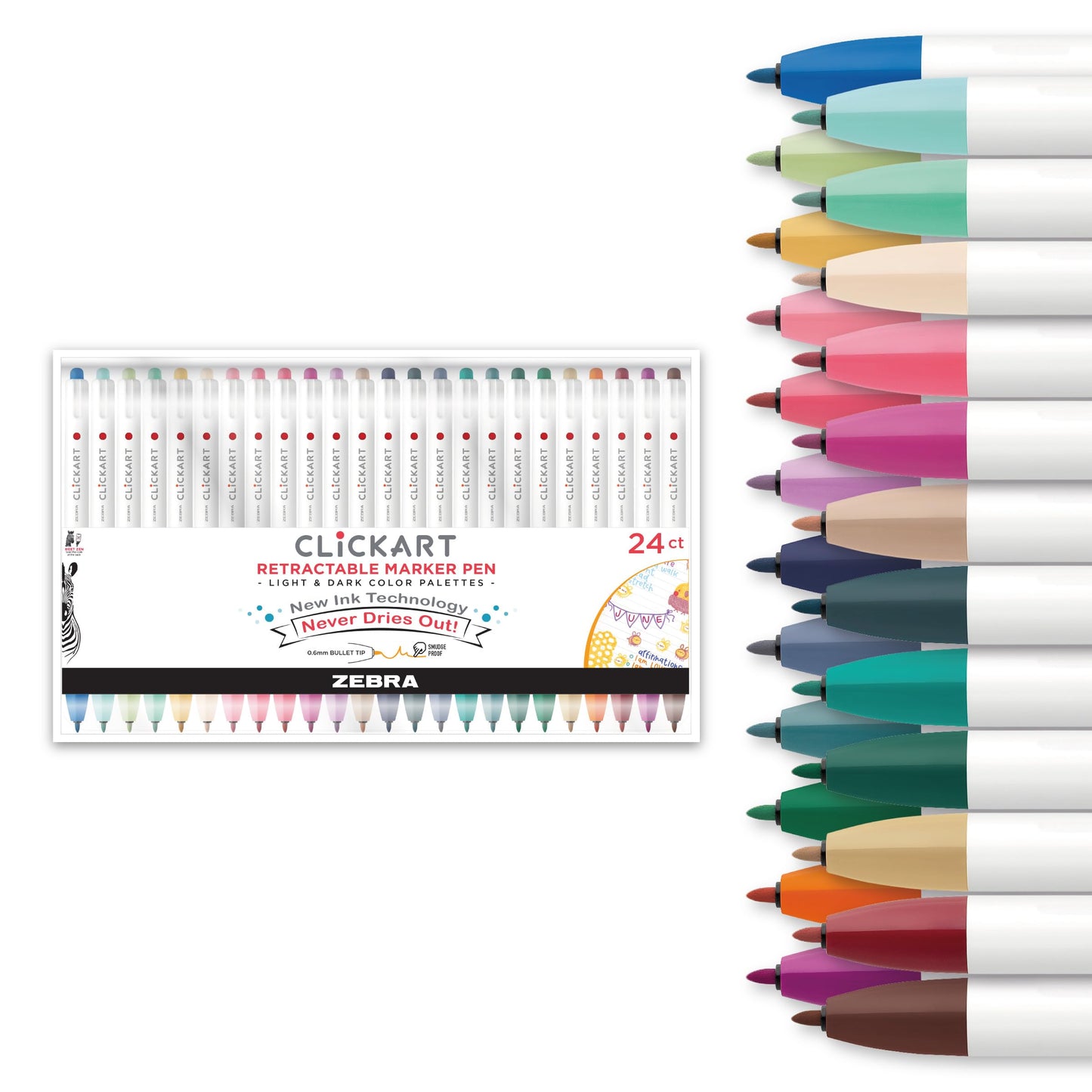 Zebra Pen CLiCKART Retractable Felt Tip Pen, Assorted Ink Colours, 0.6mm Fine Point, Moisture Absorbing to Prevent Drying Out, No Bleed, Ideal for Journaling, Drawing and Writing, 24-Pack (69824)
