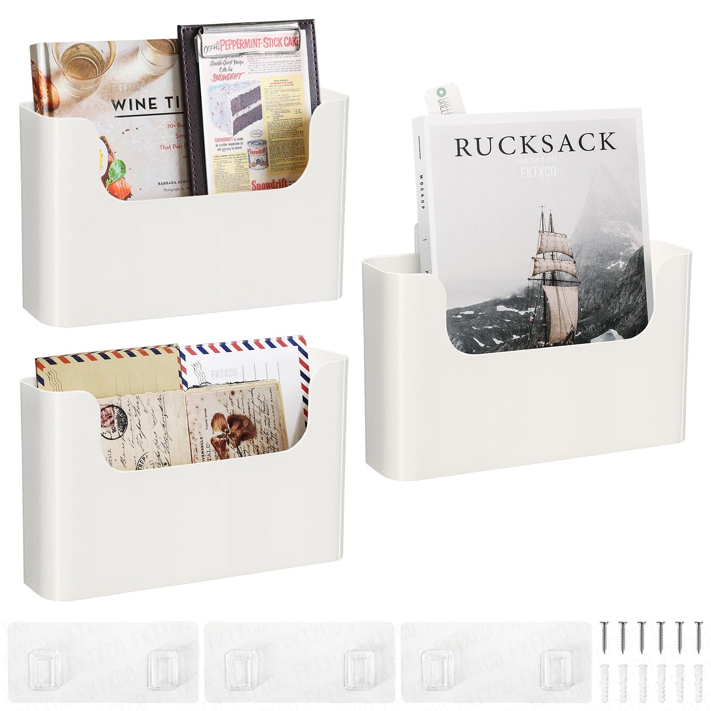 FKTXCO 3 Pack Wall Mount Folder Holder File Organizer No Drilling File Holder Hanging File Door Office Magazine Mail Holder Mail Supplies Storage Envelope Planner Wall Single Pocket Off White