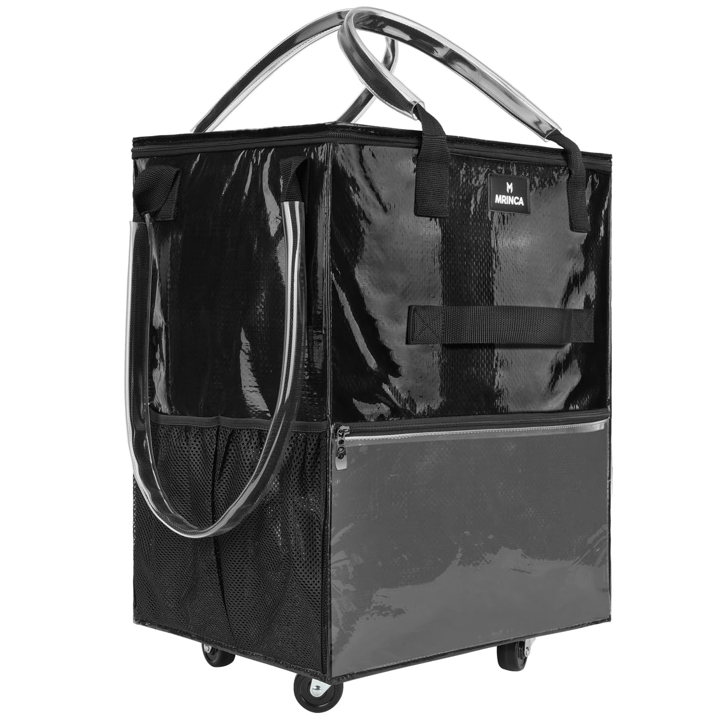 Foldable Shopping Cart with Wheels, Waterproof PP Grocery Tote Bag with 6 Pockets, Zippered Top, 4 Wheels and Heavy Duty Handles, Lightweight, Carries Up to 22 LBS, Small, Black