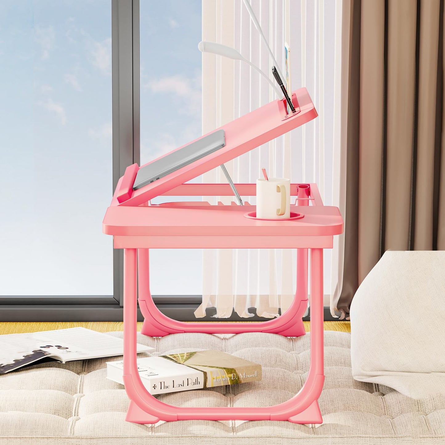 Laptop Desk for Bed, Adjustable Laptop Stand with 5 Adjustable Angles, Portable Lap Tray Table with USB Charge Port and Cup Holder, Laptop Bed Desk Tray for Eating Working (Pink)