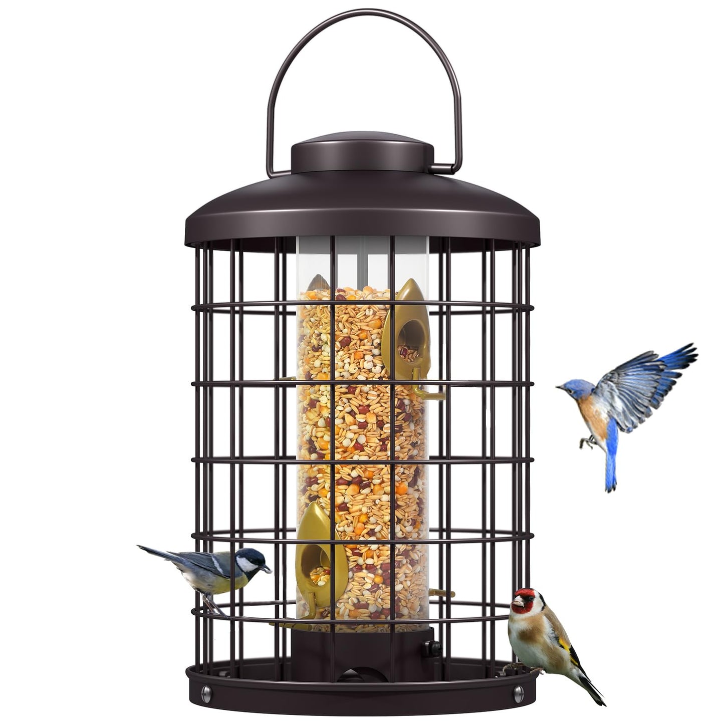 Caged Bird Feeders Metal - 3 Lbs - Squirrel-Proof Wild Bird Tube Feeder Hanging Outside, Detachable Cleaning, 4 Feed Ports(Copper)