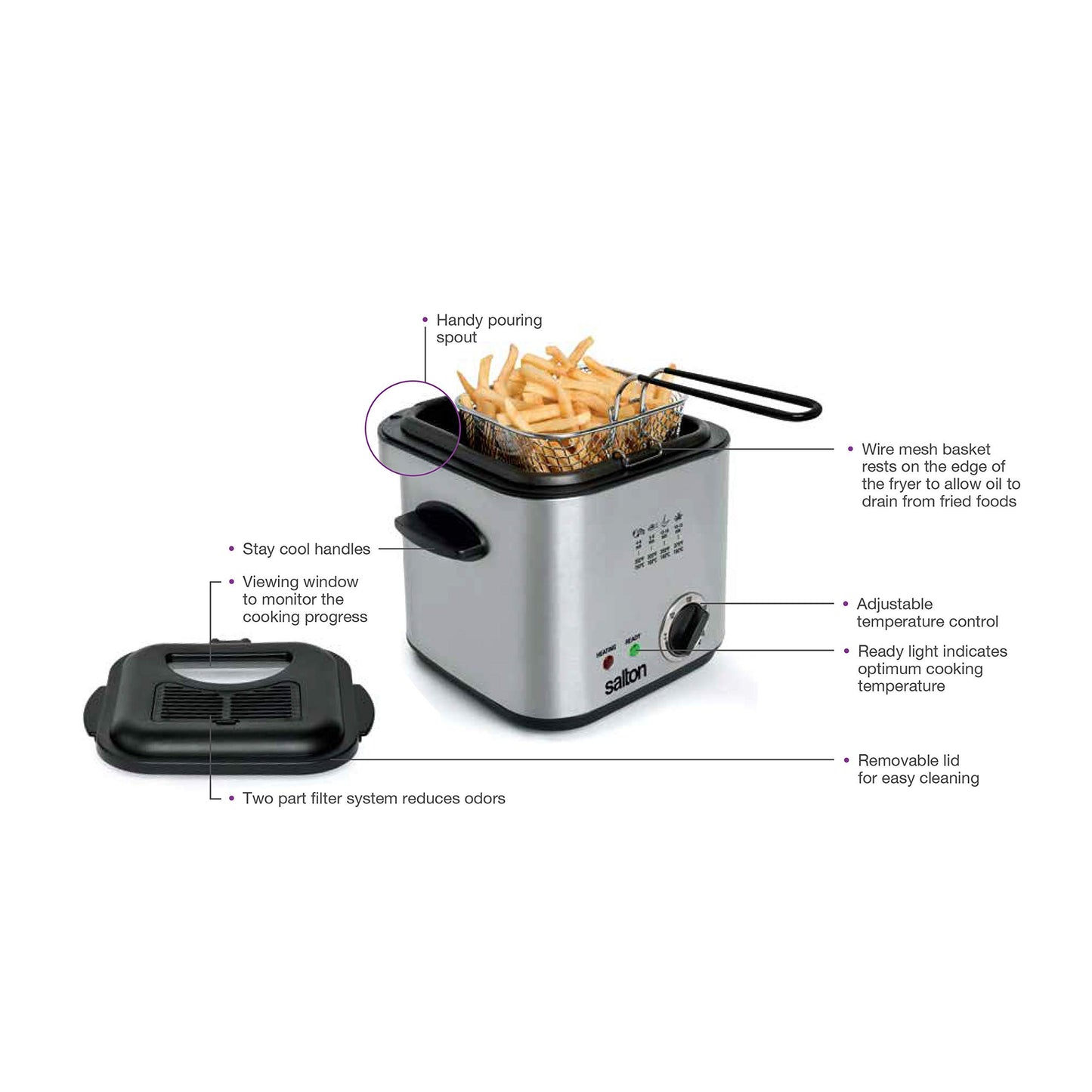 Salton Compact Deep Fryer | 1.0L (1 Quart) Oil Capacity | 800W | Adjustable Temperature Control | Durable Stainless Steel | Non-Stick Coated Bowl with Viewing Window & Odor Filter | DF1539
