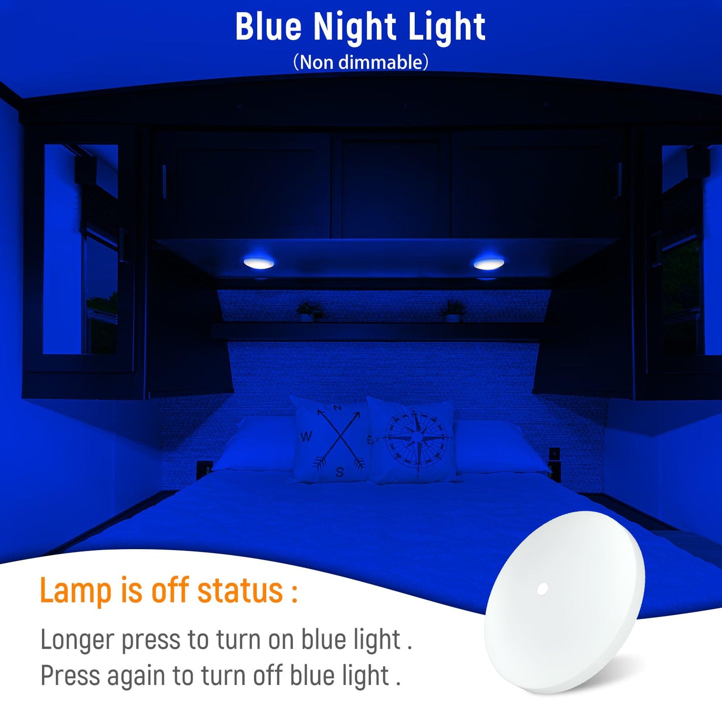Obeaming RV LED Ceiling Dome Light 12V Dimmable Puck Light for Motorhome Camper Trailer Fifth Wheel Truck Coach Interior Lighting, Surface Mount CRI 90+ (3000K with Blue Light, 2-Pack)