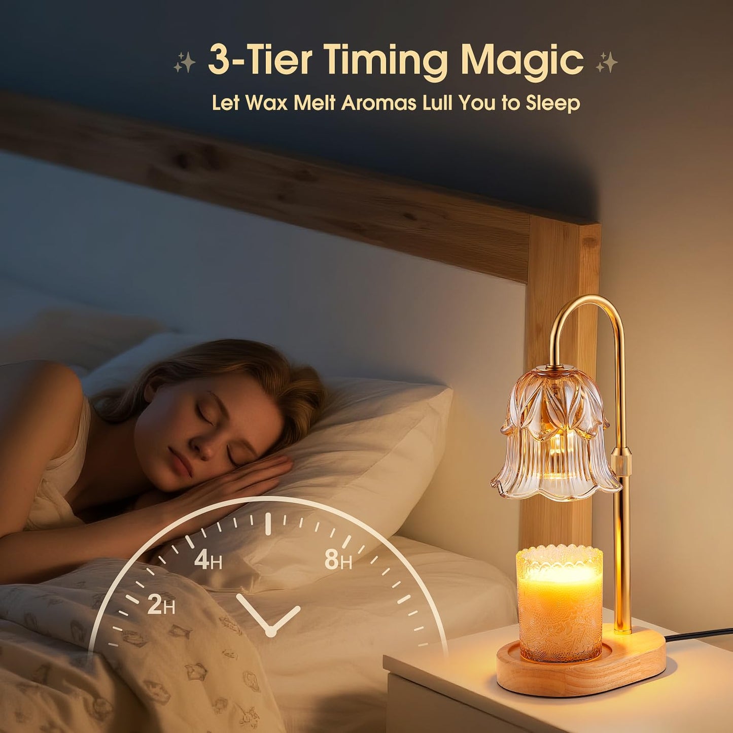 Candle Warmer Lamp with Timer - Adjustable Height Electric Candle Warmer Lamp with Dimmer, Flower Glass Shade Wax Melt Warmer with Wood Base, Dimmable Halogen Candle Warmer for Jar Candles Home Decor