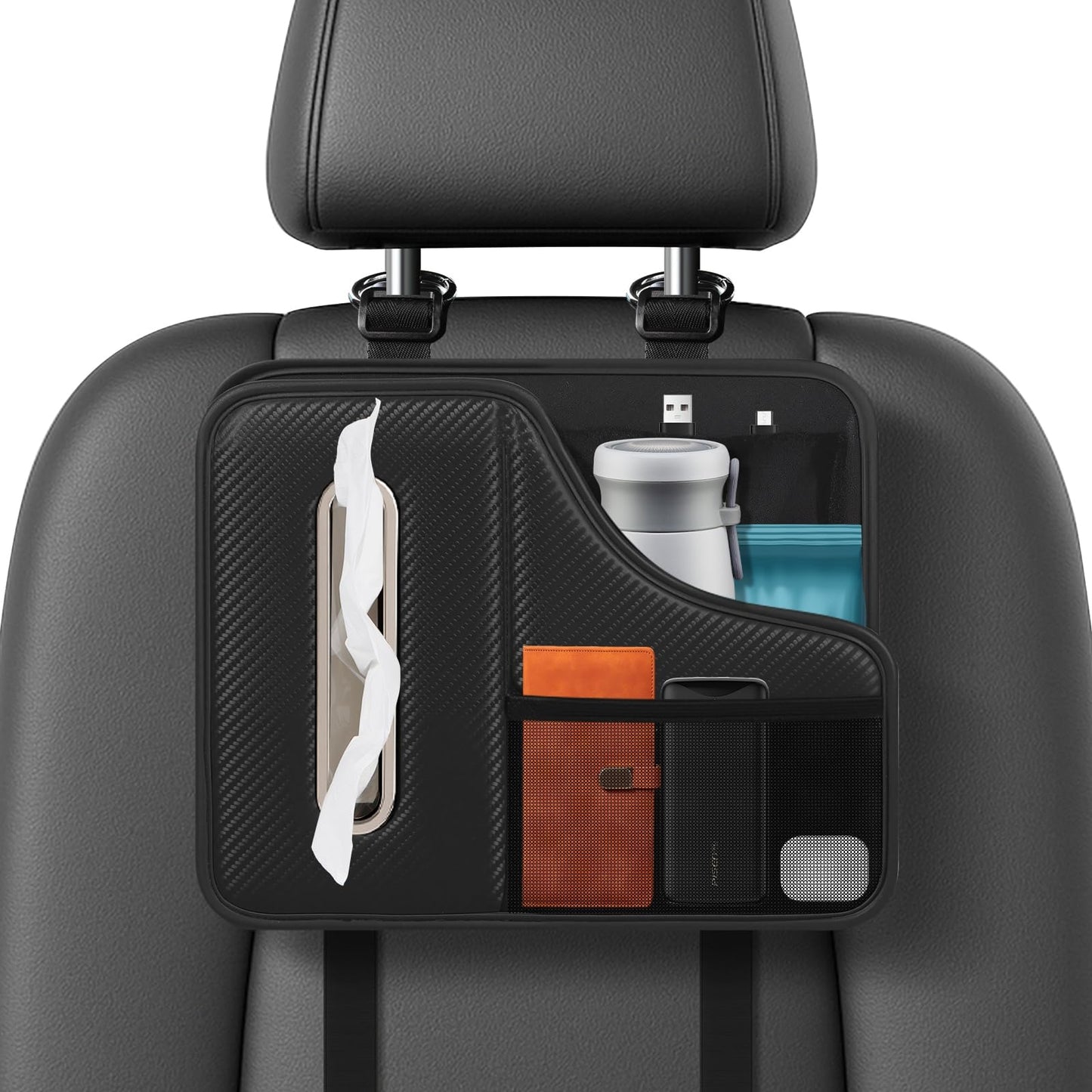 KZBHHP Car Tissue Holder,Back Seat Organizer with Cup Holder,Multifunctional Car Headrest Seat Back Storage,Snack Organizers for Kids,Large Tissue Box Cover Fit for 100-130 Regular Size Tissues