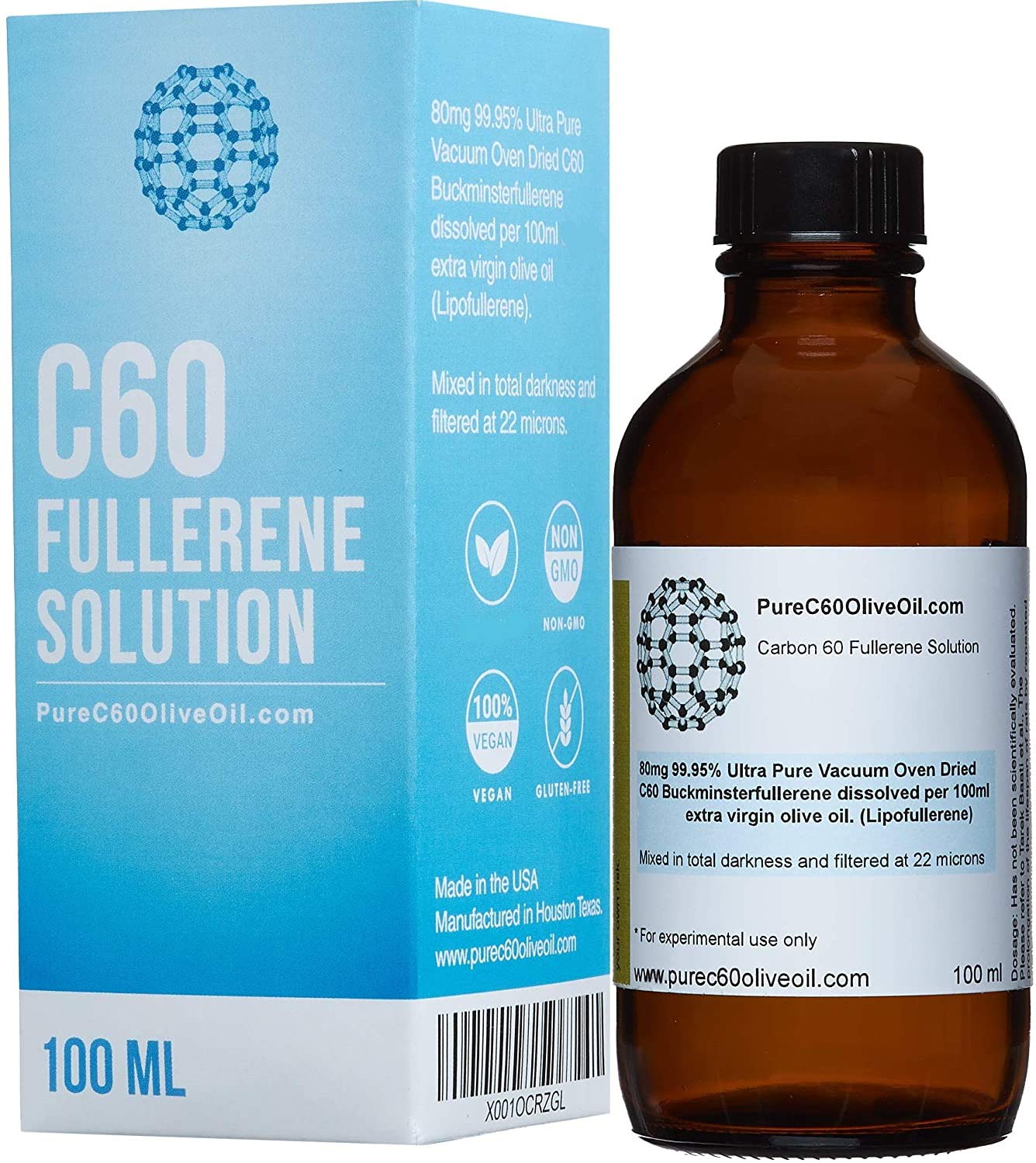 PureC60OliveOil Carbon 60 Olive Oil - 99.95% Ultra Pure Vacuum Oven Dried C60 80mg/100ml - Same Day Priority Shipping - from The Leading Global Producer