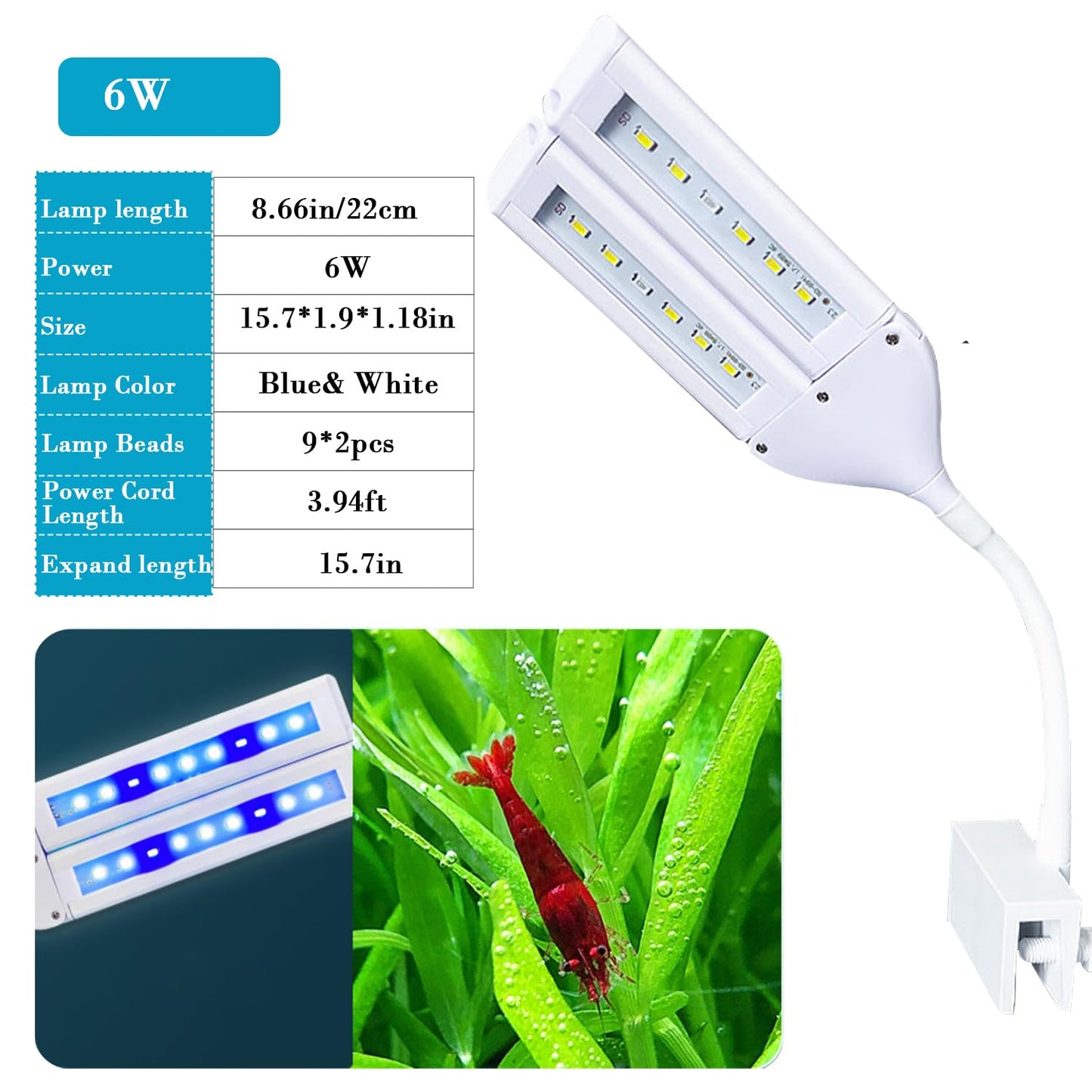 LED Aquarium Light Full Spectrum Clip Fish Tank Light Plants Lamp 360° Adjustable 2 Light Bar Super-Bright 6W Suitable for 10-30 Gal Fish Tank (6W)