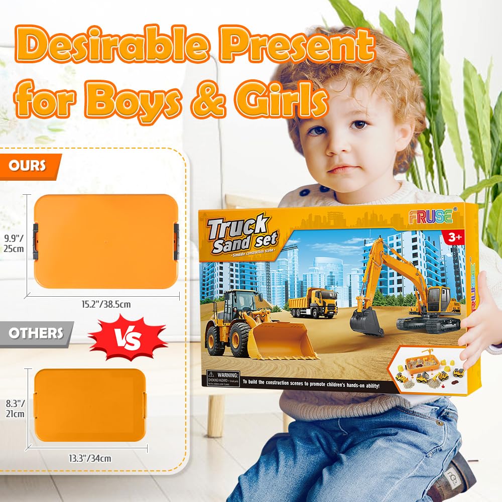 FRUSE Play Construction Sand Kit,Sand Box Toys Set w/1 KG Play Sand,4 Take Apart Construction Trucks,4 Castle Molds,Sandbox with Lid,Sensory Toys for Kisd Boys Girls Age 3-8