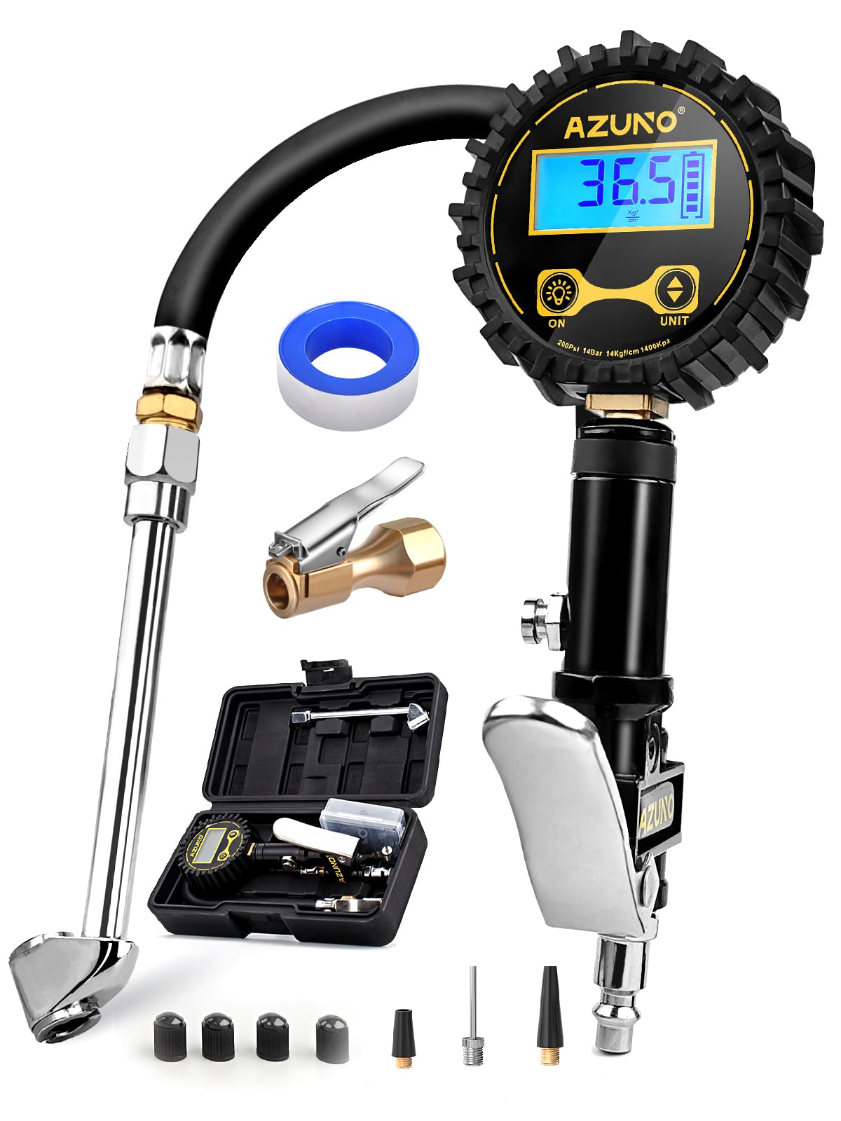 AZUNO Digital Tire Inflator with Pressure Gauge, 200 PSI, Heavy Duty Air Compressor Accessories, w/Rubber Hose Lock on Air Chuck and Quick Connect Coupler (with Case)