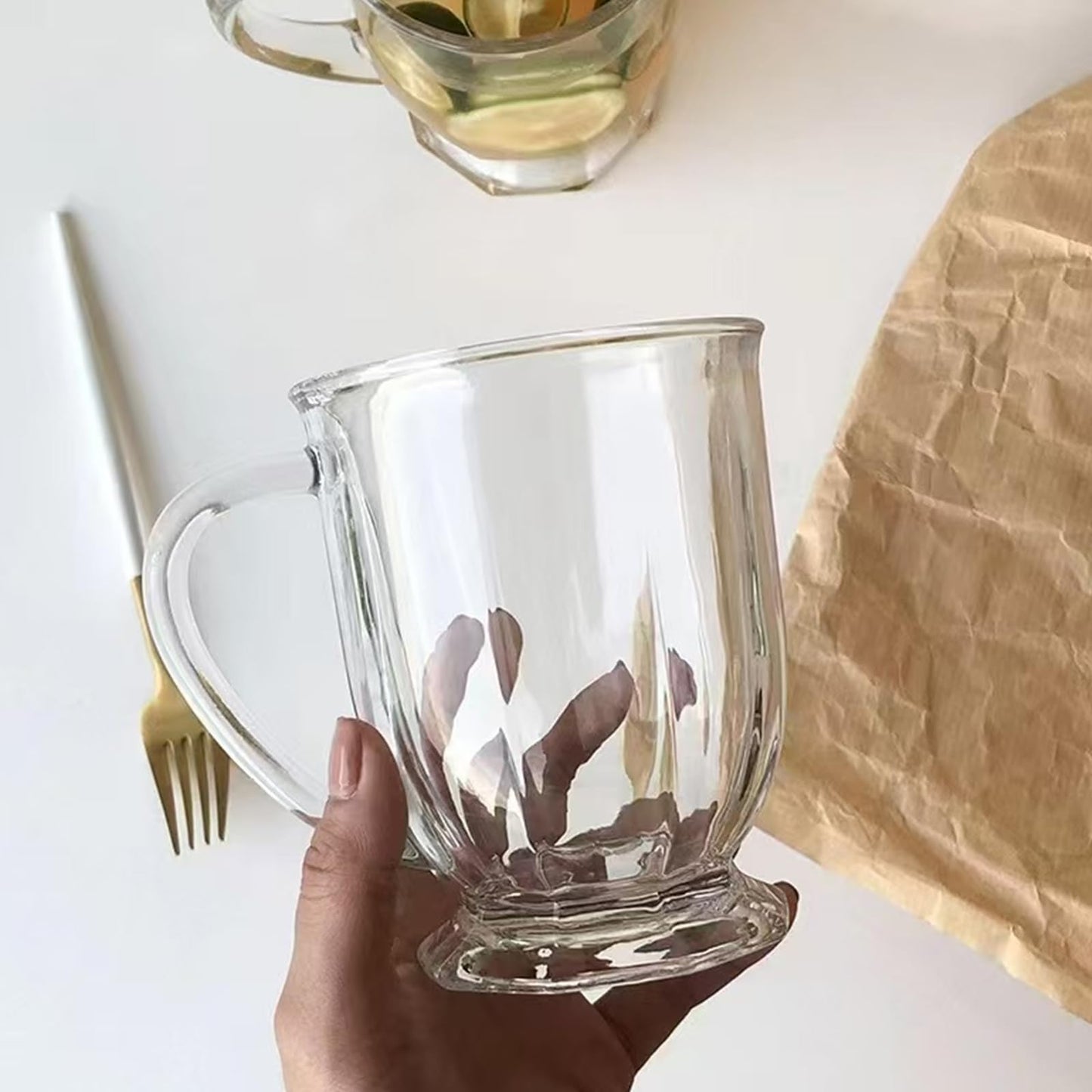 NBABSR 16 OZ Clear Glass Large Coffee Mugs Set of 4,Big Beer Cups with Handle,Bottom Nine-Sided Diner Mug for Men and Women for Hot Beverages,Tea, Cappuccino, Latte, Espresso, Juice Mothers