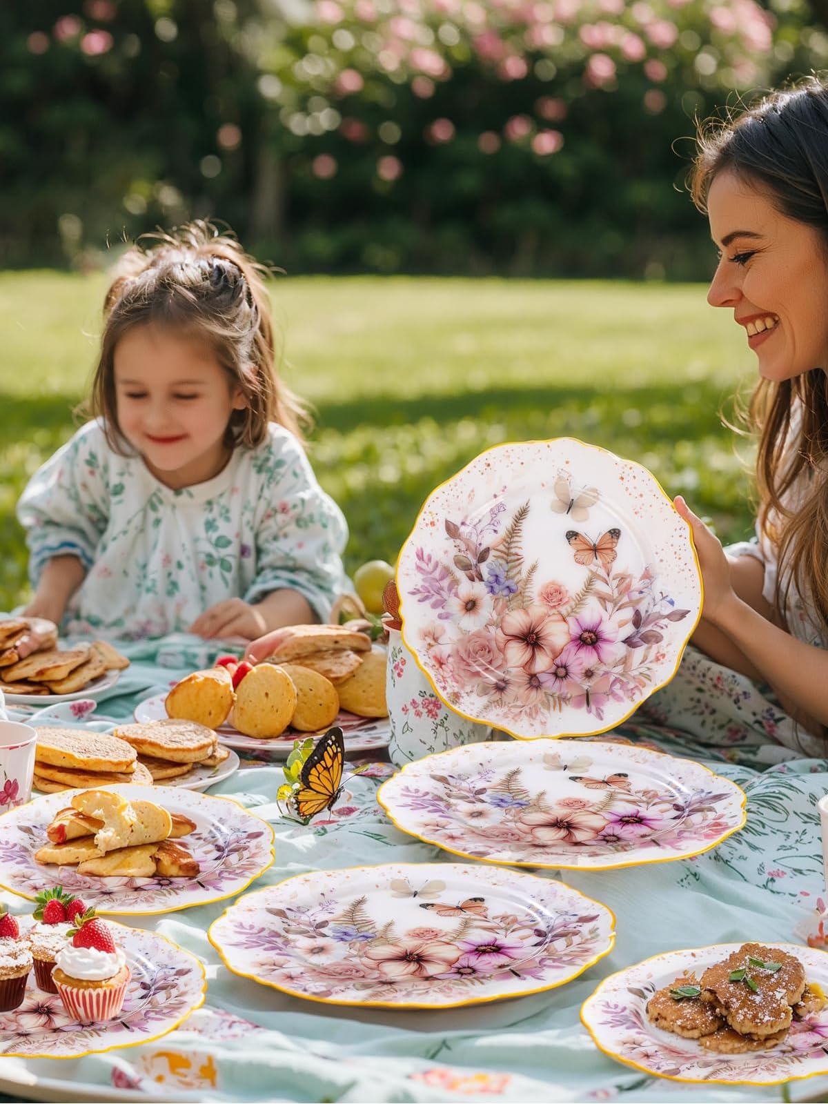WDF 20Pack Spring Plates Flower- Baroque Fancy Butterfly Plates Disposable - 10’’ and 7’’ Floral plastic tableware Decoration Suitable for Spring Garden Party/Tea Party/Birthday