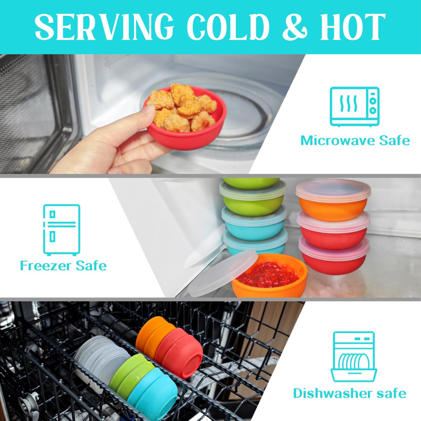 Webake 3" Silicone Pinch Bowls for Cooking Prep, 2oz Small Dipping Bowls Sauce Condiment Containers with Lids, BPA Free Set of 8