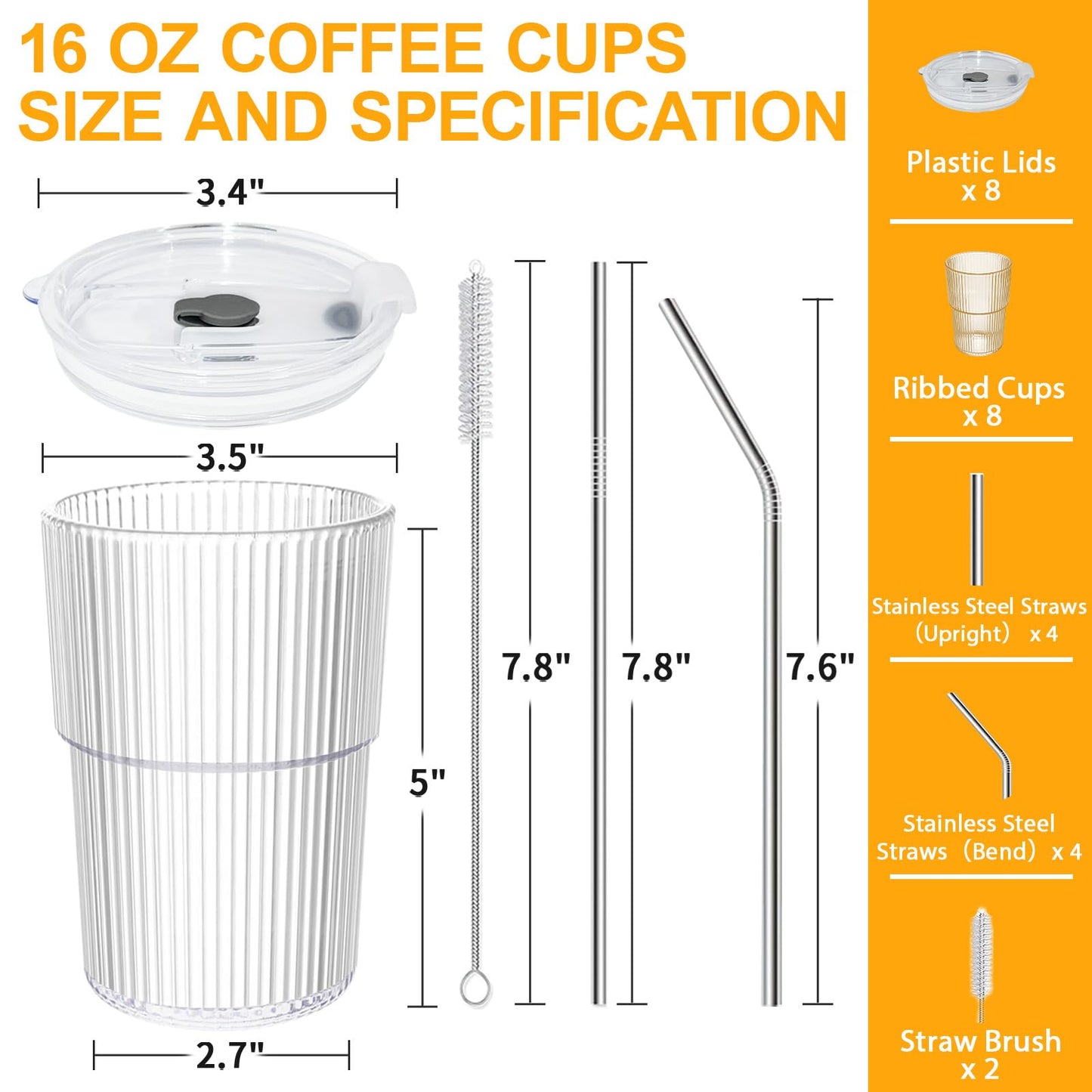 VAIIGO 16 OZ Iced Coffee Cups with Lids and Straws Set of 8, Reusable Iced Coffee Glass Unbreakable Plastic Drinking Glasses for Tea, Juice, Water, BPA Free, Dishwasher Safe