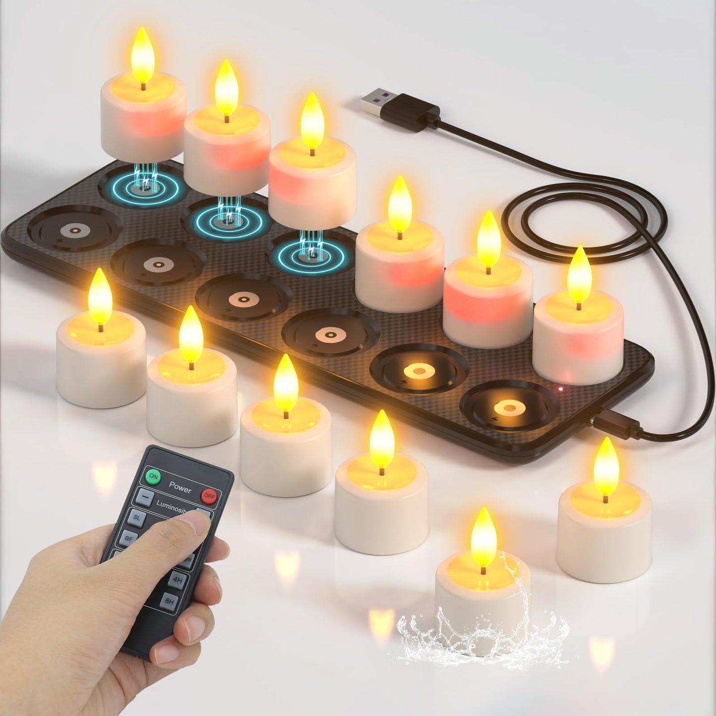 SoulBay Rechargeable Flameless Candles, Magnetic Waterproof LED Tea Lights with Charging Tray, Remote & Timer, 100H Flickering Votive Fake Candles for Bathroom, Holiday & Xmas Decor