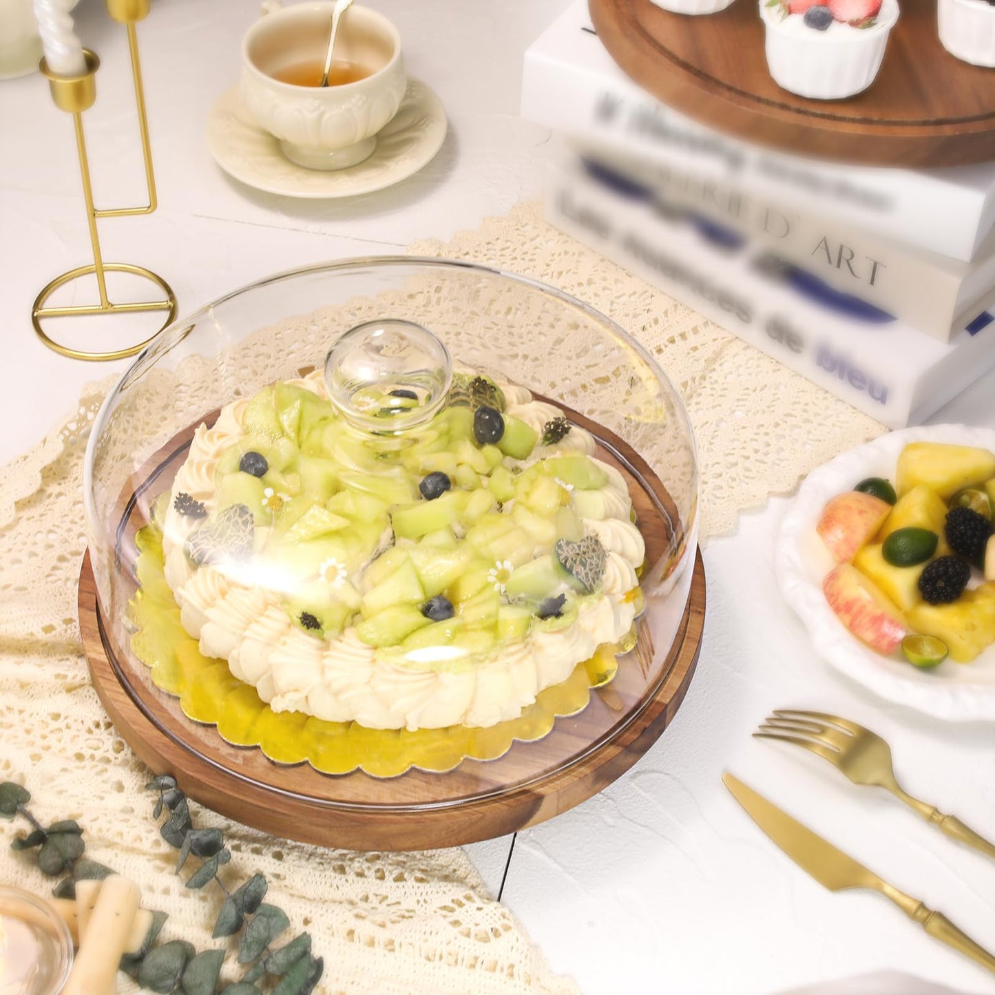 Glass Cake Stand with Dome Lid, 12" Rotating Acacia Wood Cake Plate with Lid, Includes 2 Extra Cake Boards, Round Cake Holder for Wedding, Birthdays, Party Display, Charcuterie Tray