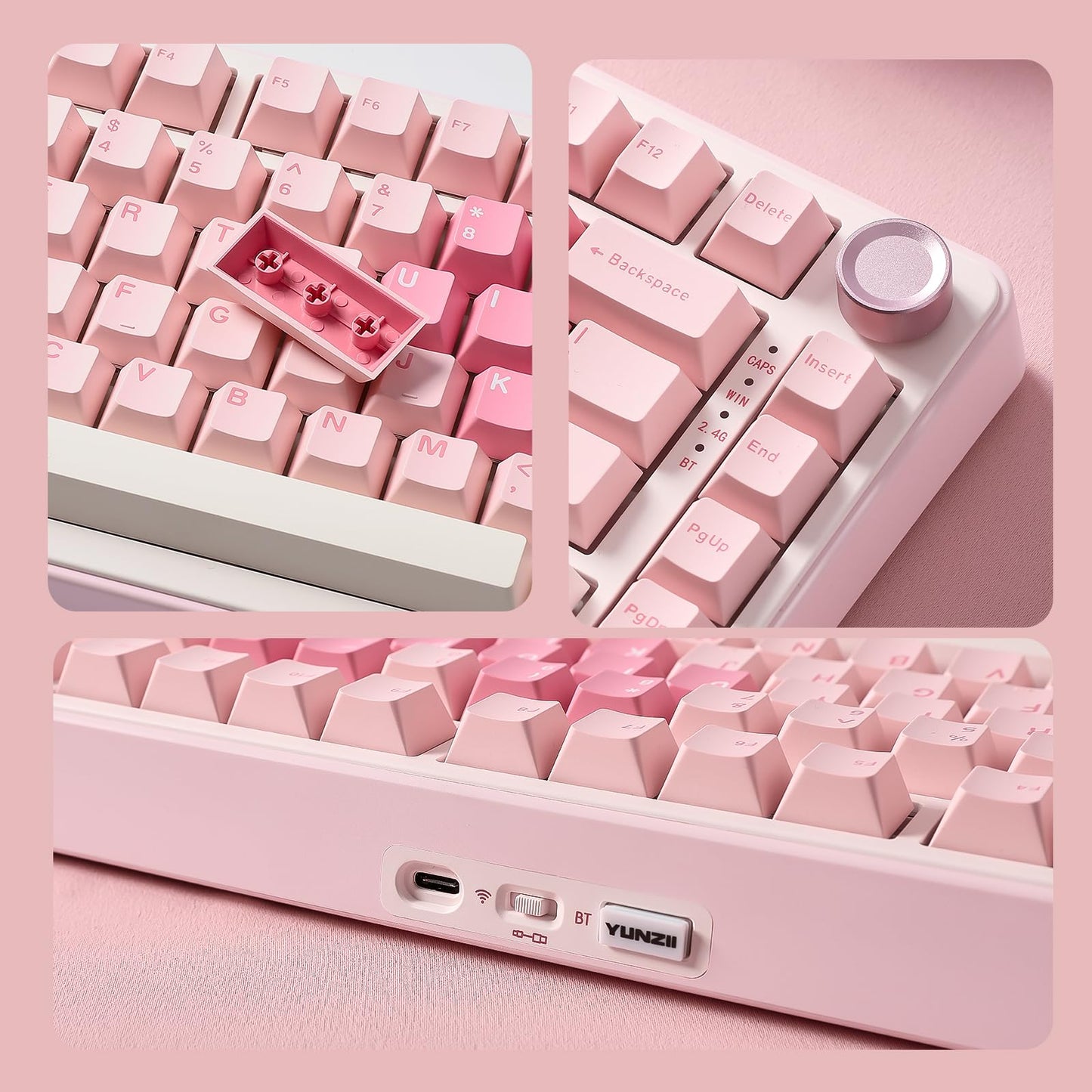 YUNZII B75 PRO Wireless Mechanical Keyboard,75% Layout with Knob,Hot Swap Gasket Custom Structure,Creamy Pre-lubed Switches,RGB Backlit,Bluetooth/Type-C/2.4G for Win/Mac (Pink, Milk Switch)