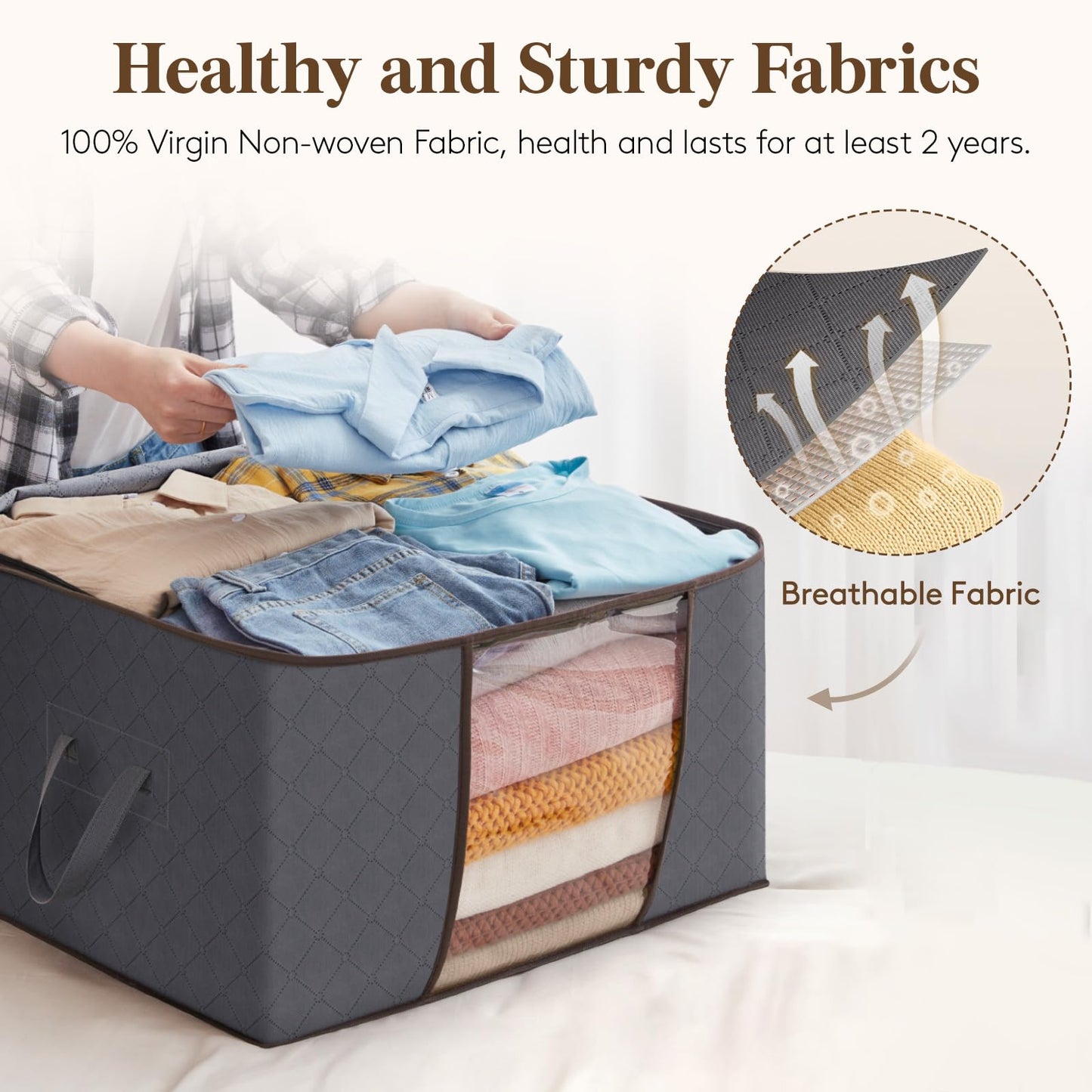 Lifewit 90L Large Capacity Clothes Storage Bags Organizer with Reinforced Handle, Foldable Clothing Storage for Comforters, Blankets, Bedding, with Sturdy Zipper, Clear Window, 6 Pack, Grey
