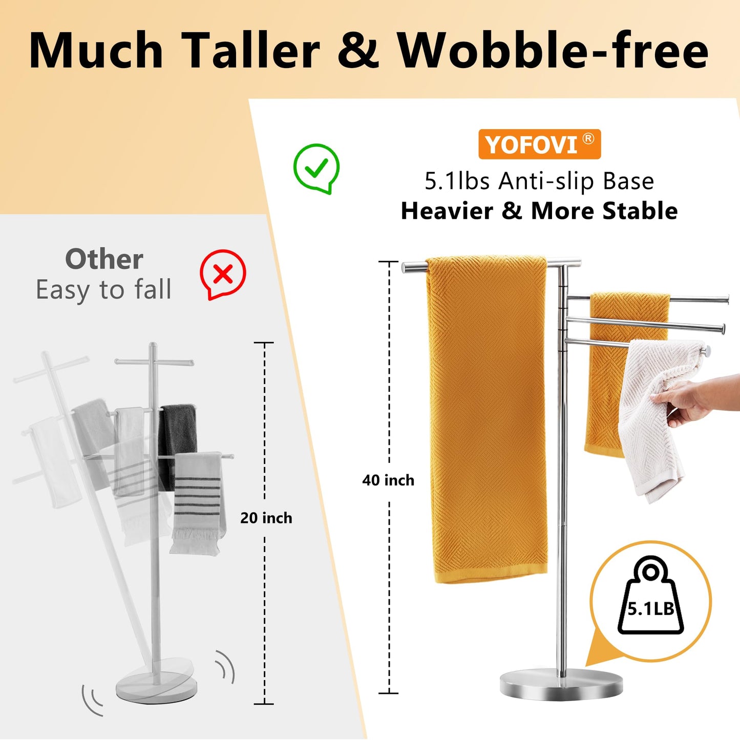 Towel Rack Bathroom, 40 Inch Tall Free Standing Towel Rack Stand with Weighted Base, Modern Floor Towel Drying Storage Holder with 4 Swivel Arms, Stainless Steel Chrome, YOFOVI