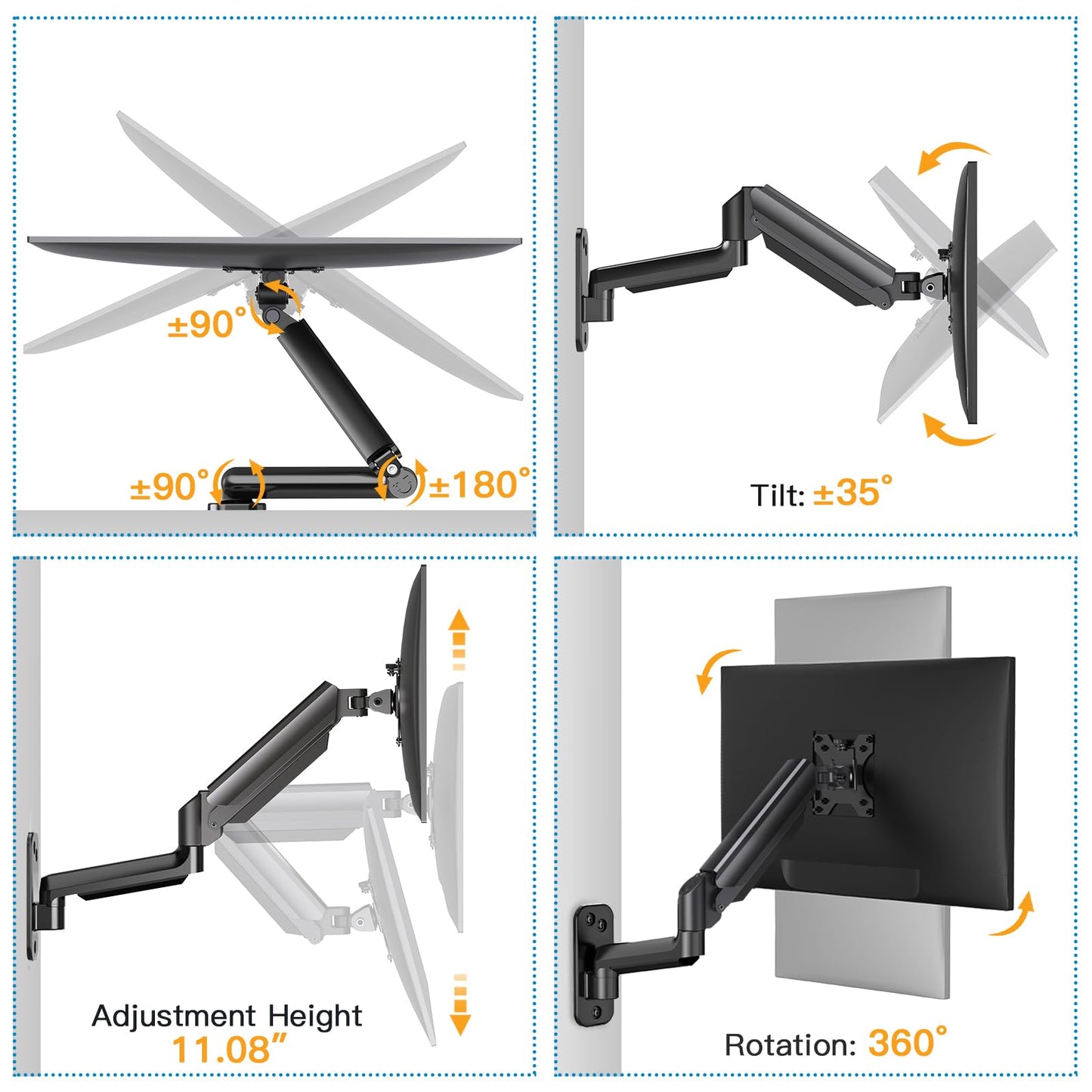 HUANUO Monitor Wall Mount for 17 to 32 Inch Computer Screen, Monitor Wall Mount Arm Holds up to 17.6lbs, Height Adjustable Full Motion Design Wall Monitor Arm - VESA Mount 75x75,100x100
