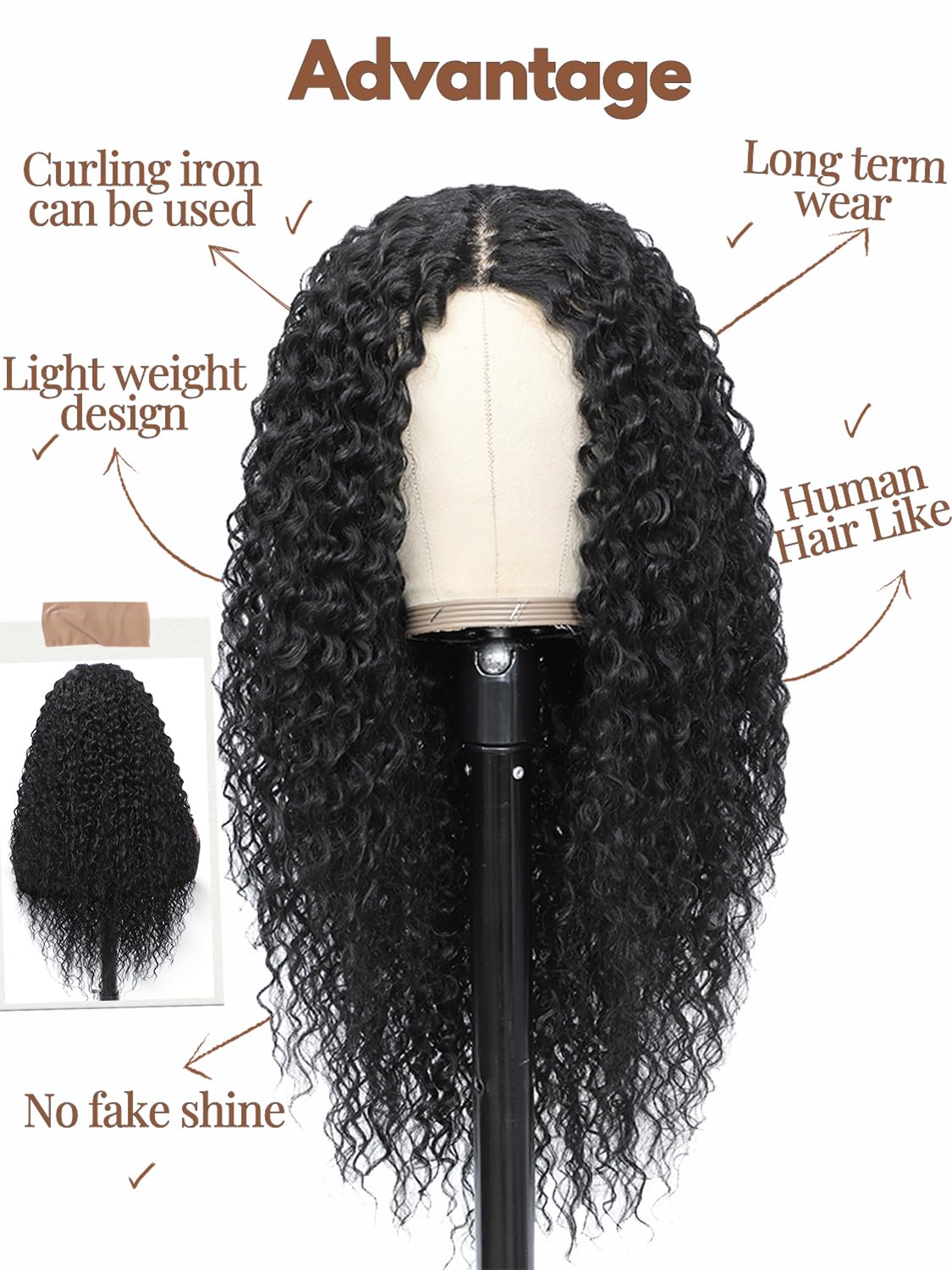 YKHJH Curly Synthetic Wig Protein Fiber Like Human Hair 26 Inches Natural Black Kinky Curly Synthetic Lace Front Wig Water Wave Lace Wigs (Black)