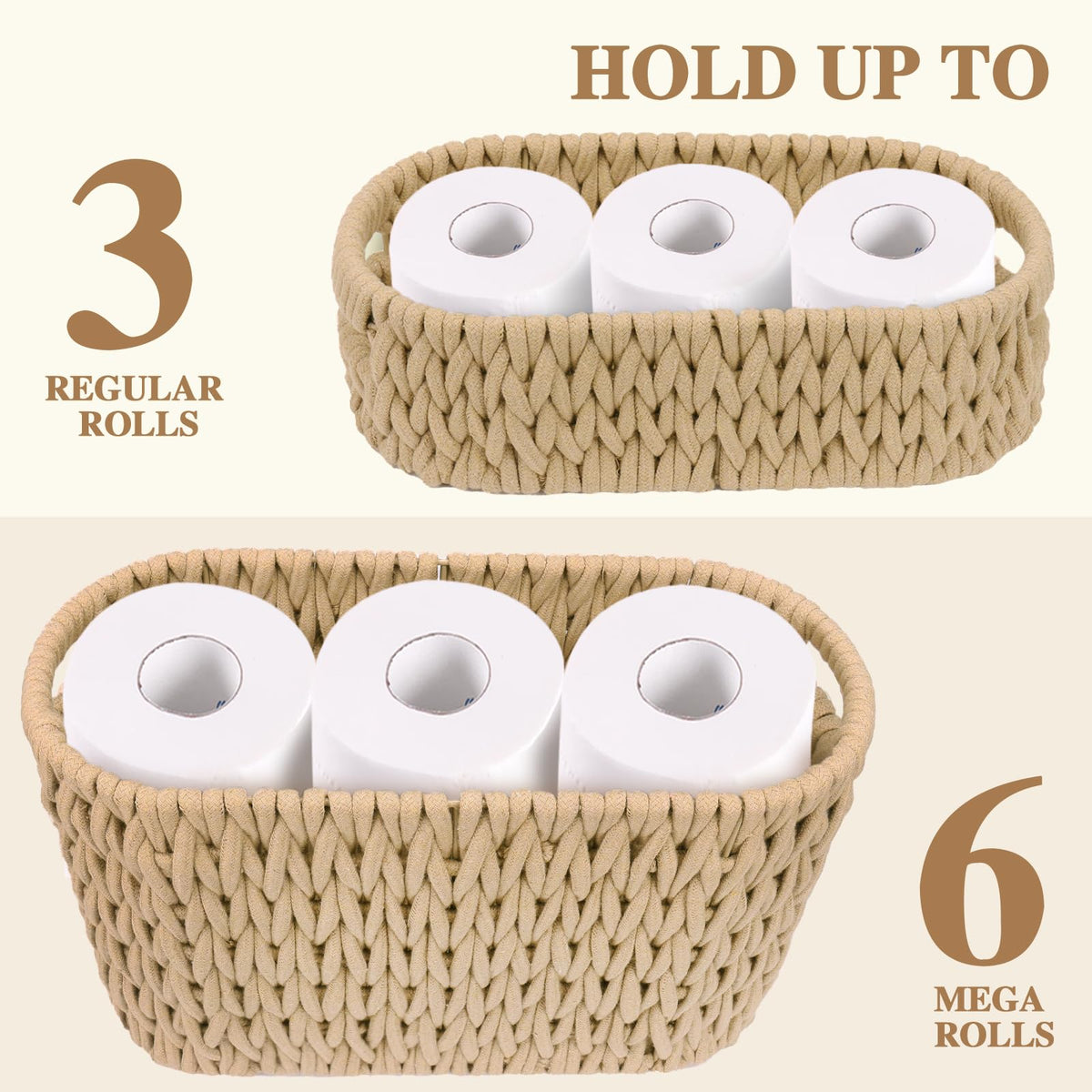 Boho Toilet Paper Storage Baskets, Cotton Rope Woven Bathroom Basket Set of 2, Standing Toilet Paper Holder for 6 Mega Rolls,Storage Bins for Toilet Tank Top, Bathroom Organizer Decor (Brown 2 Pack)