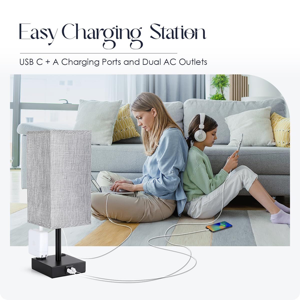 Touch Control Table Lamp - Soilsiu 3 Way Dimmable Nightstand Lamp with USB C & USB A Charging Port, 2 AC Outlets, 3000K LED Bulbs, Grey Fabric Shade Modern Bedside Lamp for Bedroom…
