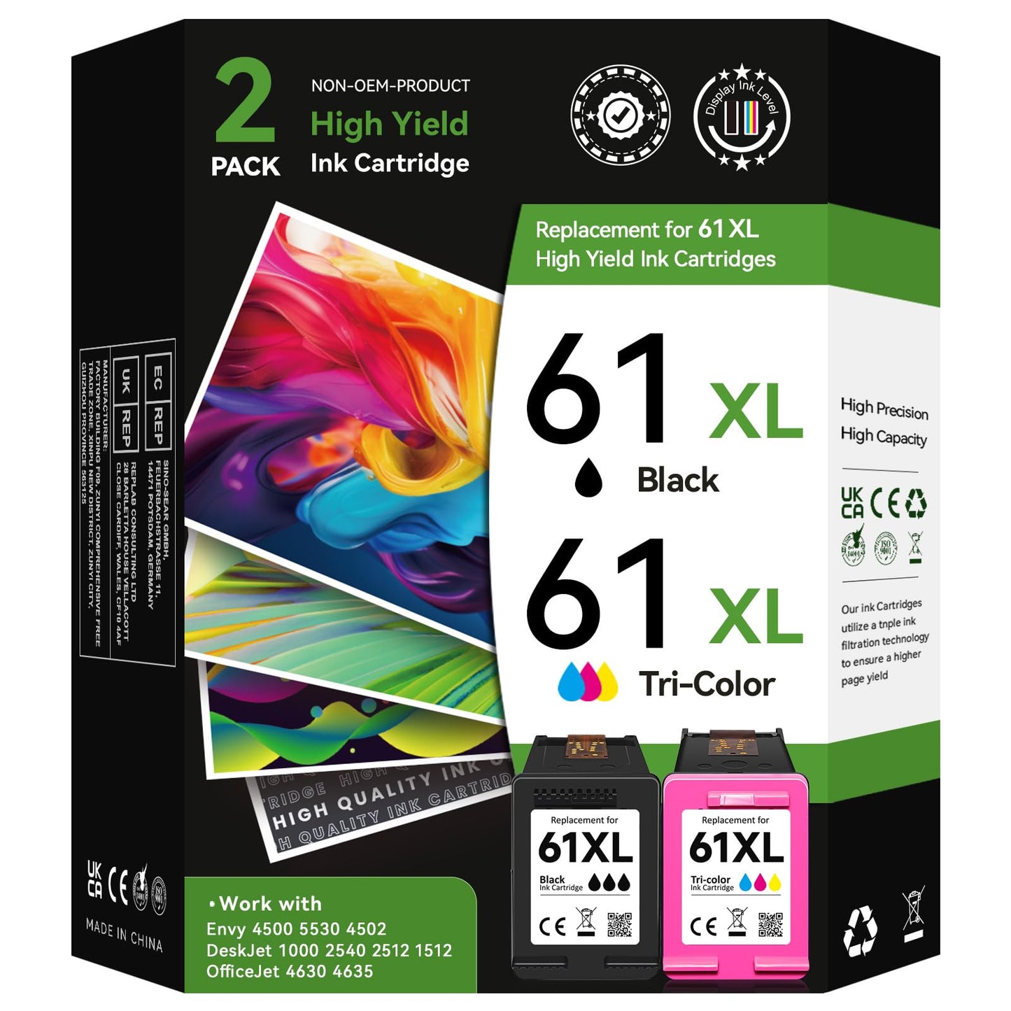 Printer Ink 61XL for HP 61 Ink Cartridge Combo Pack Replacement for HP Ink 61 Fit for HP Envy 5530 Ink Cartridge, for HP Envy 4500 4502 Officejet 4630 4635 Deskjet 1000 1010 1512 Printer(2 Pack)