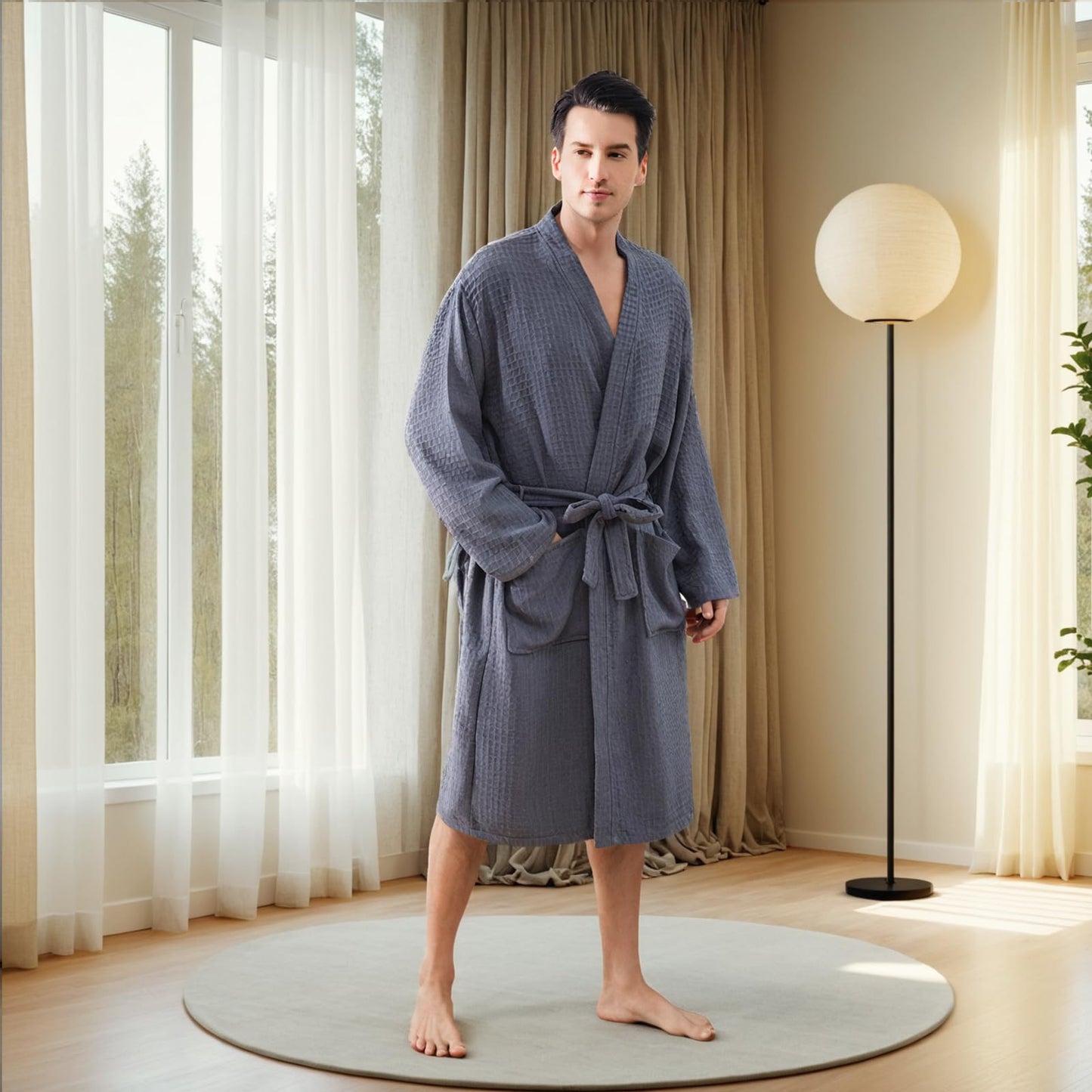 Mens Robes All-Season Waffle Lightweight Spa Knit Shawl Bathrobe Soft Knee Length Sleepwear
