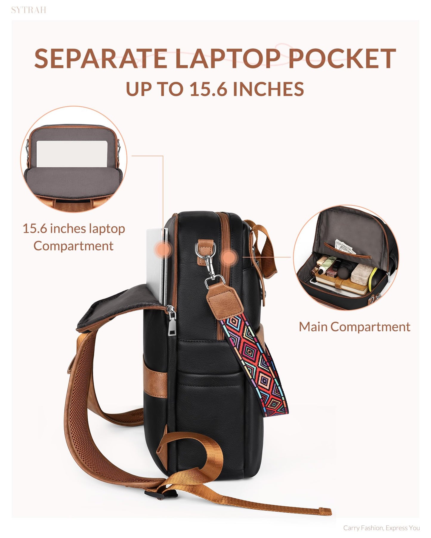 SYTRAH Leather Laptop Backpack 15.6 Inch Womens Laptop Bag, 3 IN 1 Computer Bag Handbag with Colorful Shoulder Bag Strap for Work Travel College Black Brown