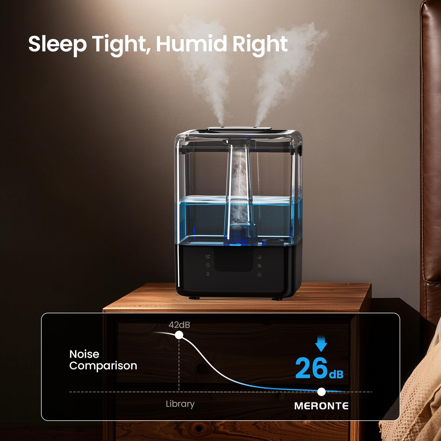 MERONTE 6L Smart Humidifiers for Bedroom Home, 360° Adjustable Nozzle, Timer, Auto Shut Off, Touch/APP/Voice Control, 7-Color Night Light, Top Fill Essential Oil Diffuser for Baby & Plant, Black 1Pack
