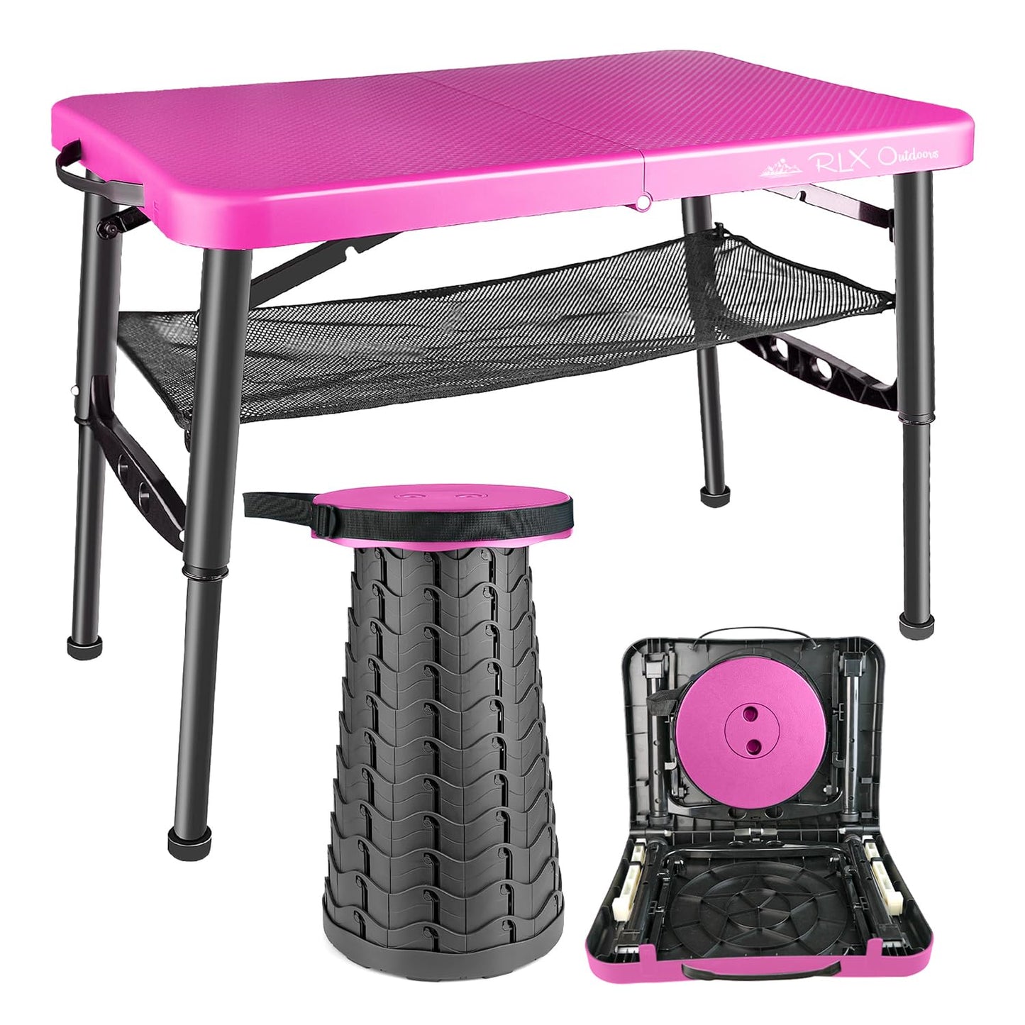 RLX Outdoors Portable Folding Small Coffee Table 25.8x17.5po and Stool, Height Adjustable, Anti-Slip Legs Daycare, Camping, Sports Games, classrooms, Boats… (Pink, Table + Stool)