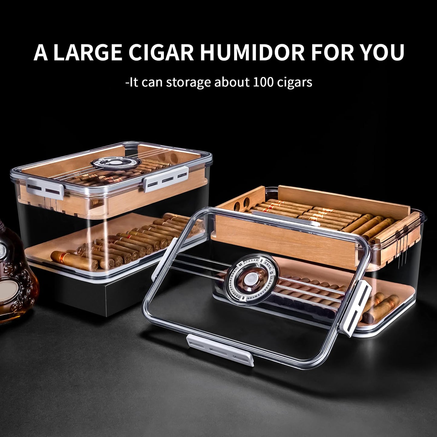 CIGARLOONG Cigar Humidor Large with Cedar Shelves,2 Humidifiers and Hygrometer Storage for 100 Cigars Partition Clear Airtight Cigar Humidor