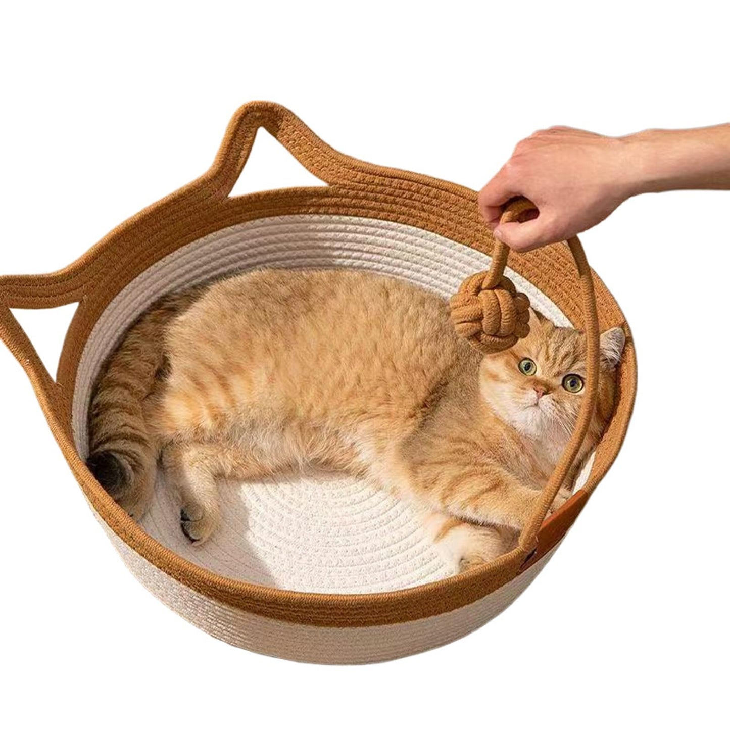 Handwoven Cotton Rope Cat Bed Cat Hammock Foldable Sleeping Nest Basket Handmade Natural Cradle Scratcher Cuddler for Kitten Cute Style with a Playing Rope Ball (Brown-Large)