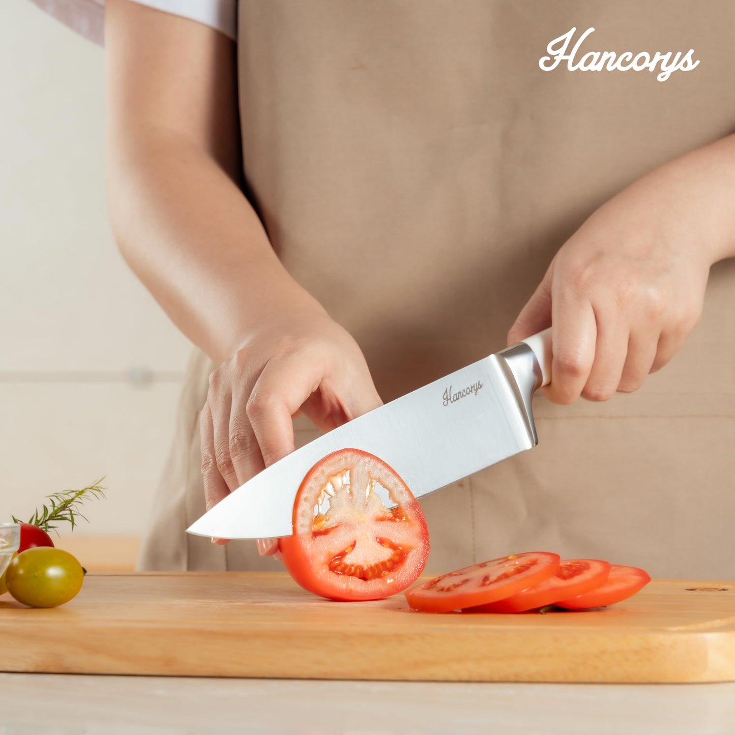Hancorys Knife Set, 15 Pcs Kitchen Knife Block Set, Enduring Ultra Sharp High Carbon German Stainless Steel Chef Knives Set with Built-in Sharpener, Full Tang Ergonomic Handle, White